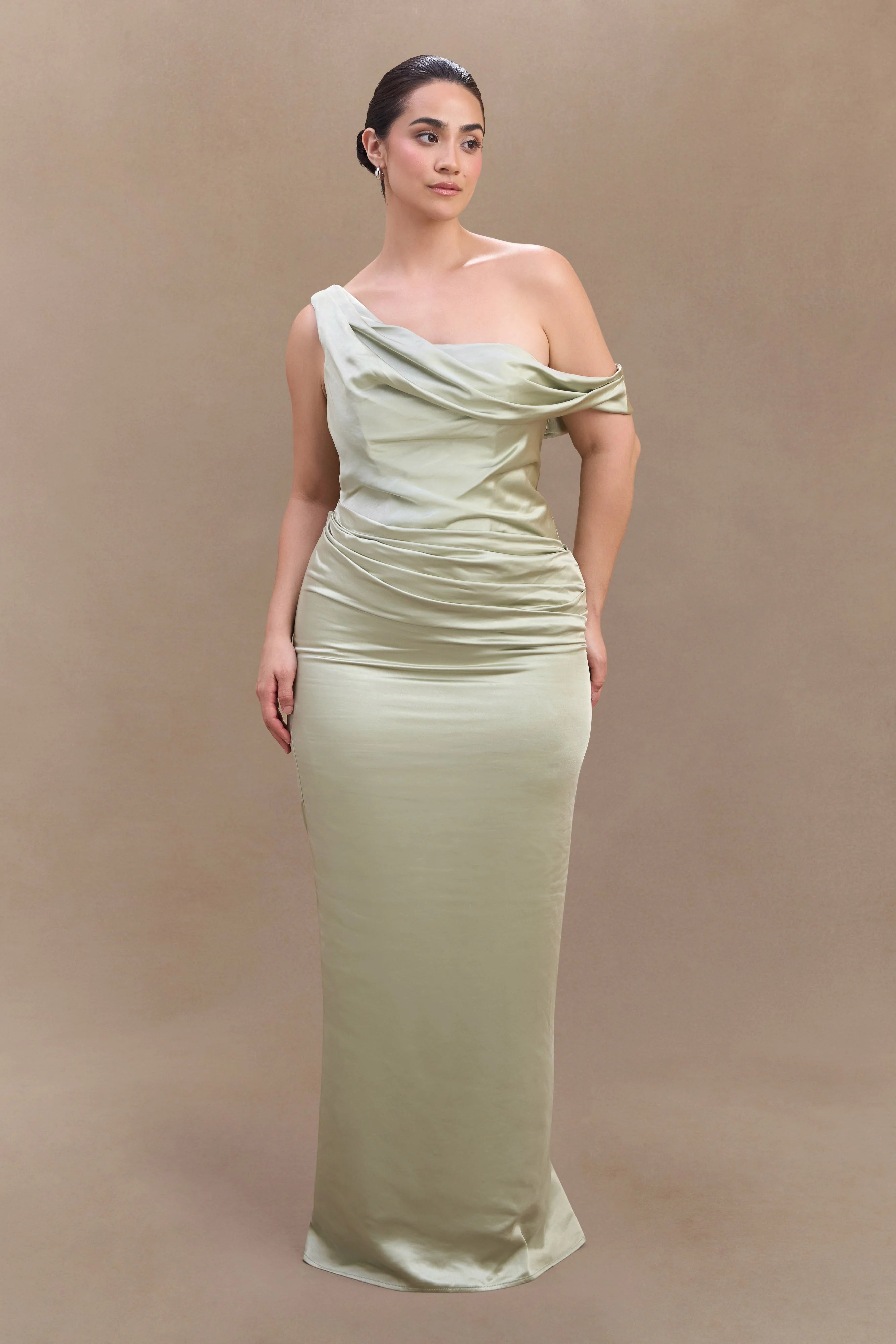 Dalia Off Shoulder Satin Maxi Dress - Sage