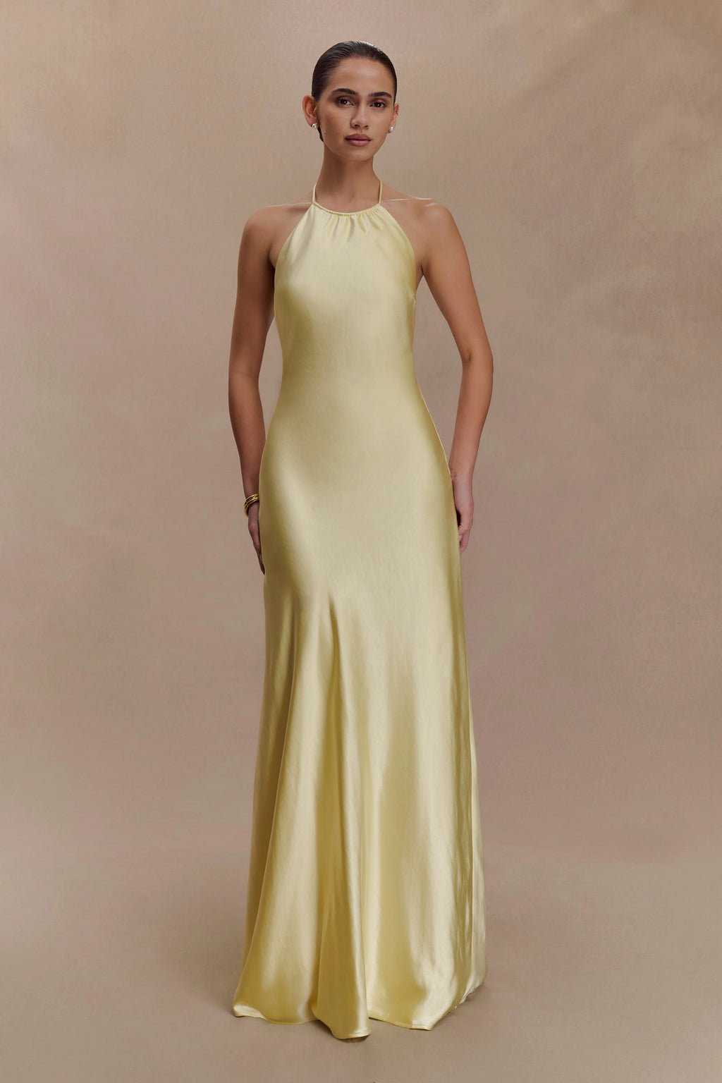 Bella Satin Halter Maxi Dress - Lemon