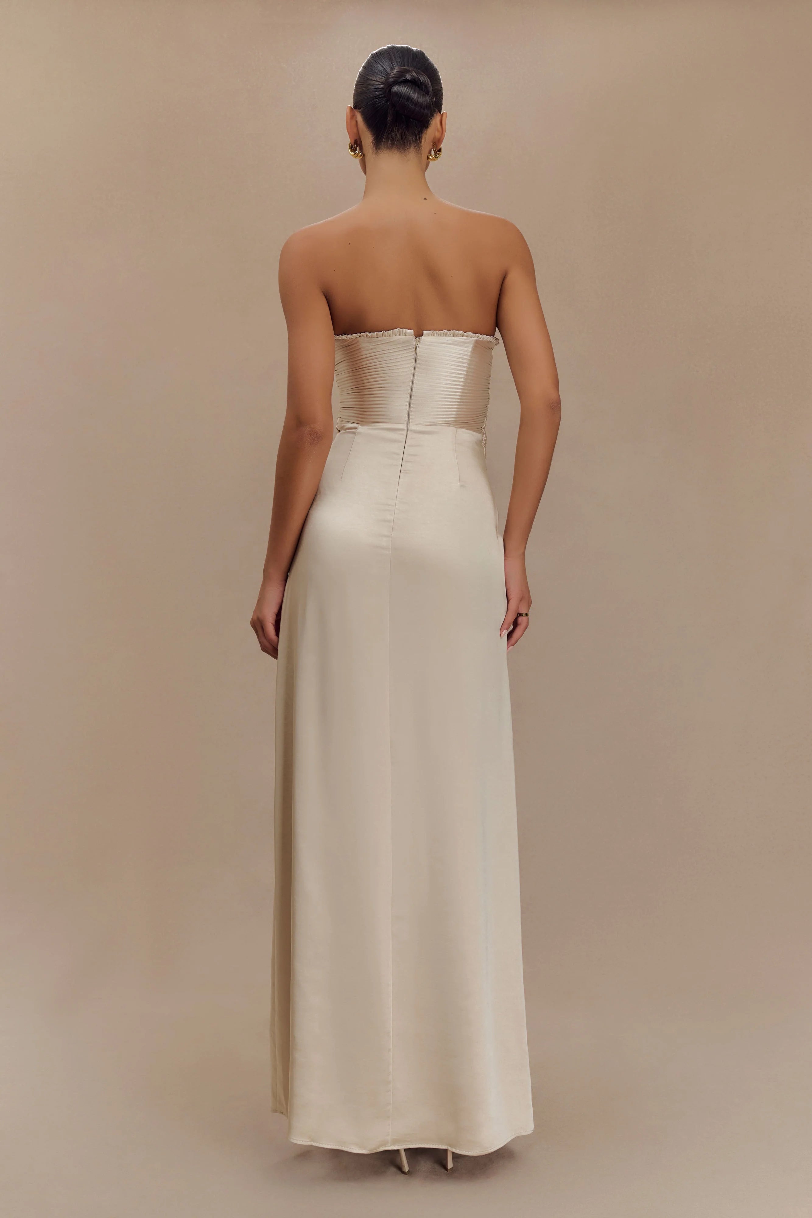 Larissa Satin Maxi Dress With Ruched Petals - Blush Gold