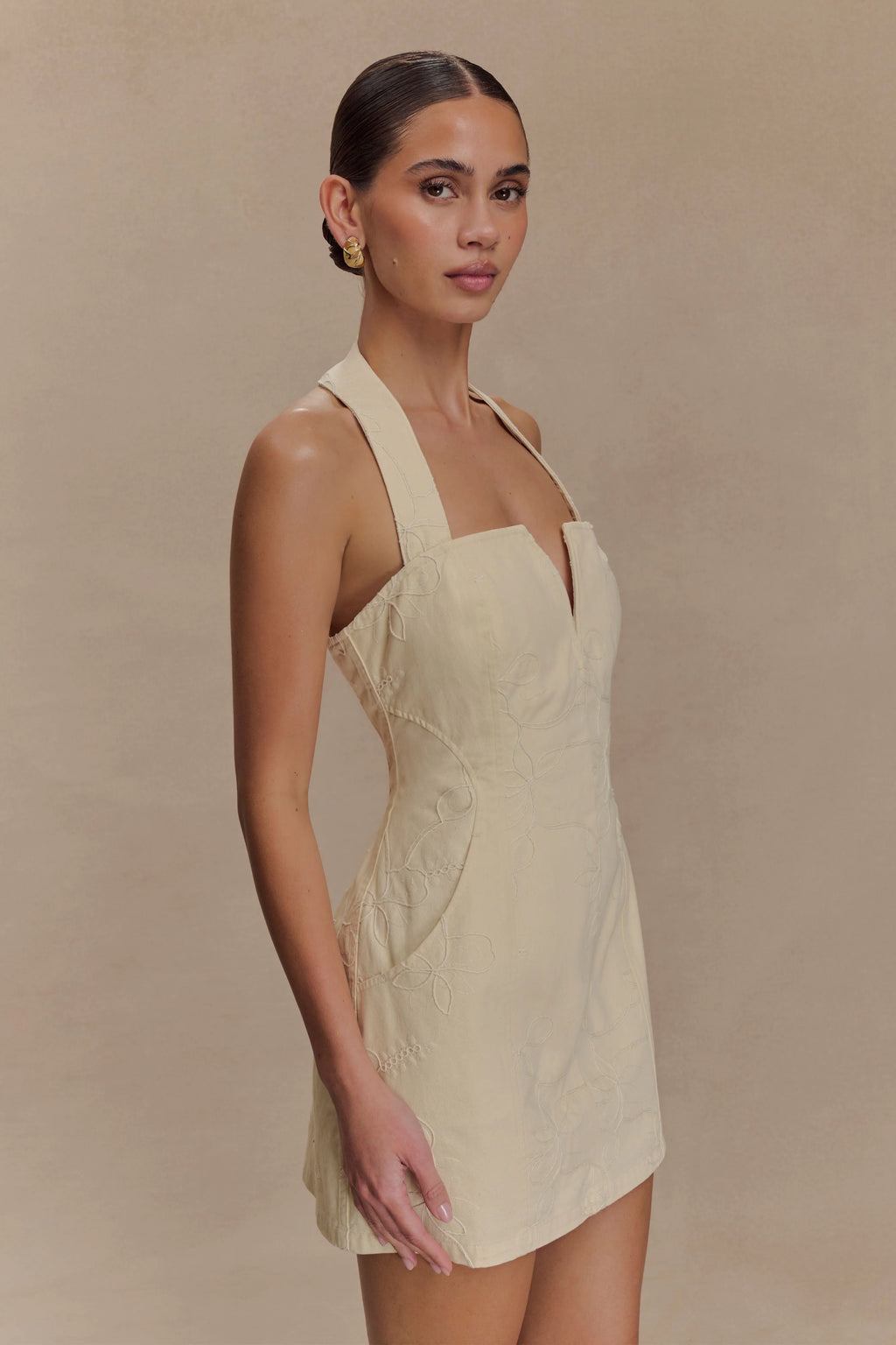 Ebony Embroidered Denim Mini Dress - Cream
