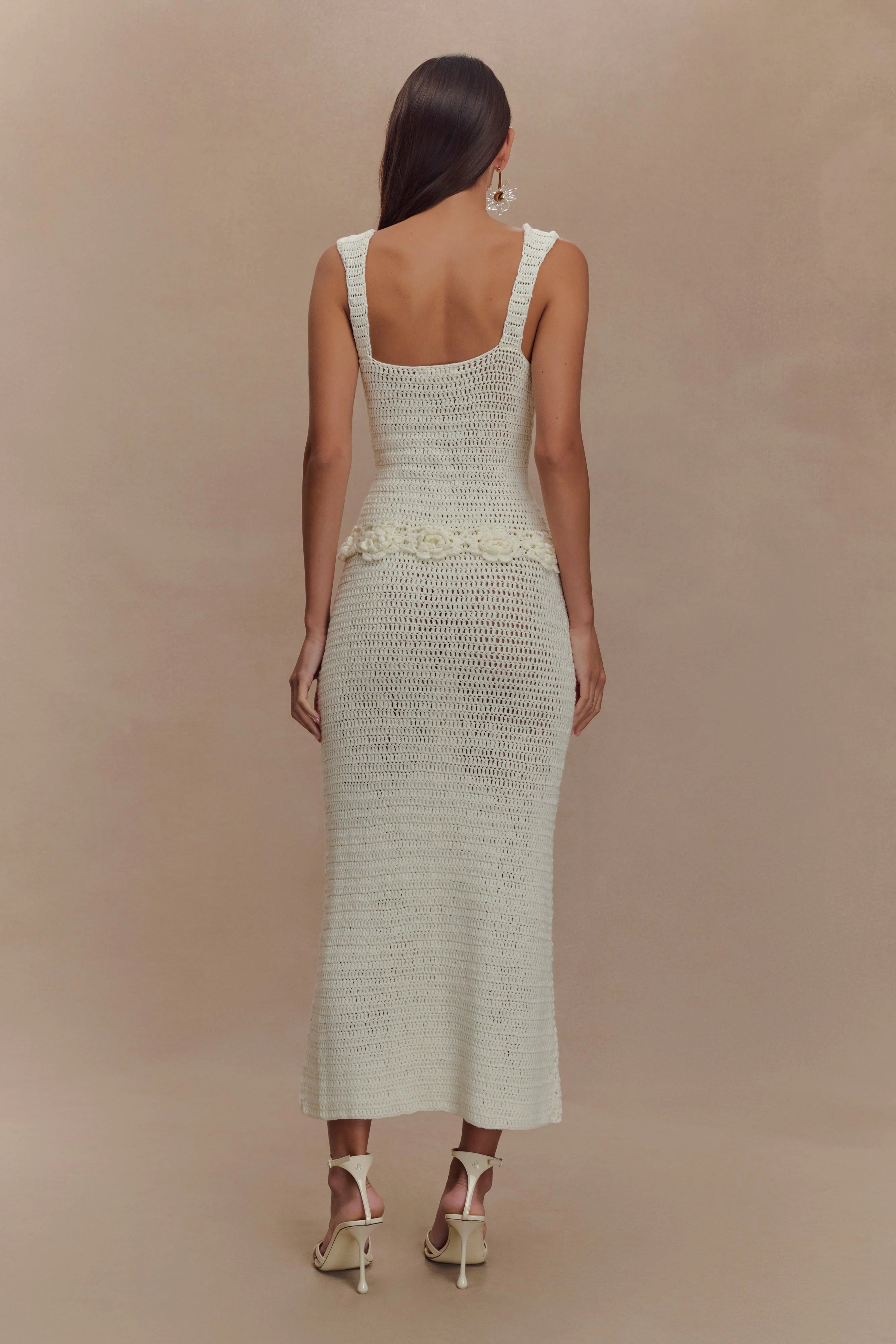Teagan Floral Hand Crochet Midi Dress - Ivory