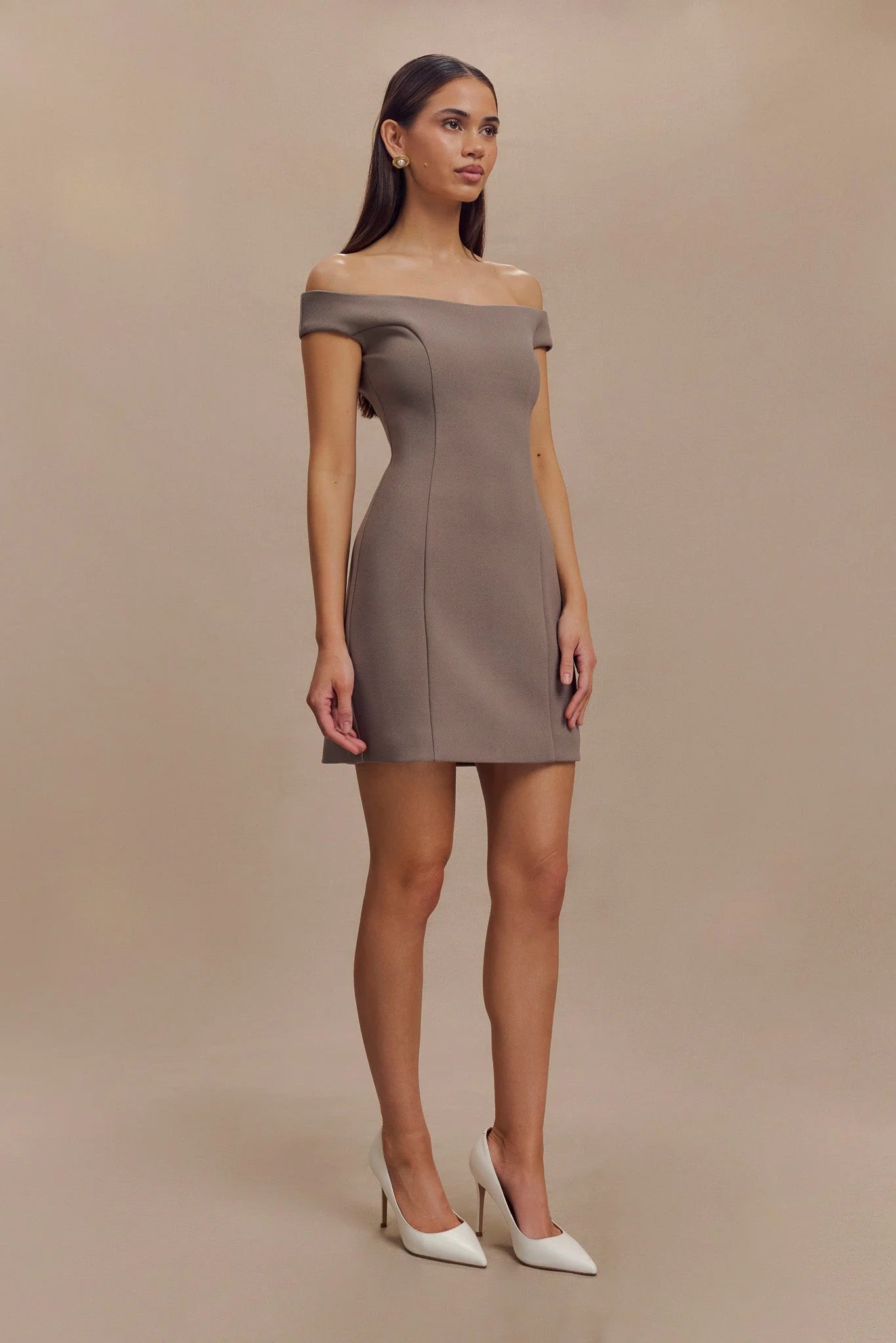 Cassidy Crepe Off Shoulder Mini Dress - Smoke