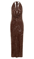 BLAKELY HALTER SEQUIN MAXI DRESS - DARK CHOCOLATE