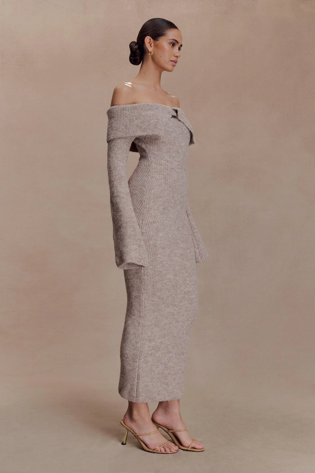 Baxter Off Shoulder Fluffy Knit Midi Dress - Taupe Marle