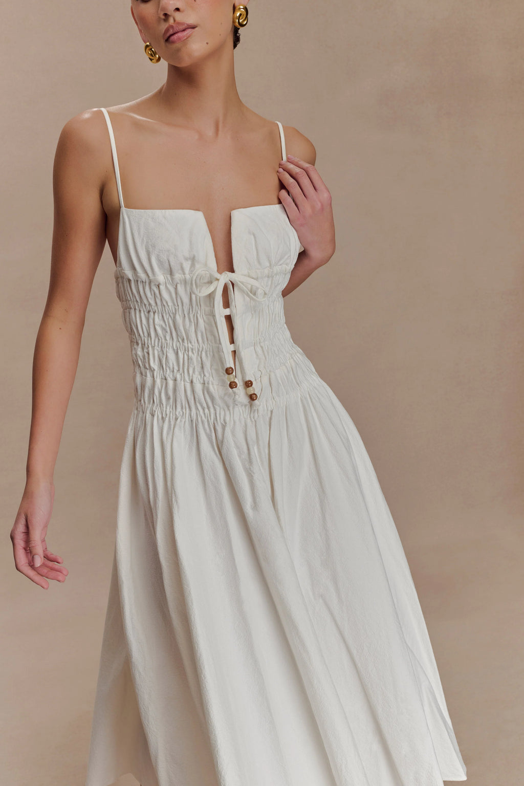 Elias Shirred Cotton Midi Dress - White