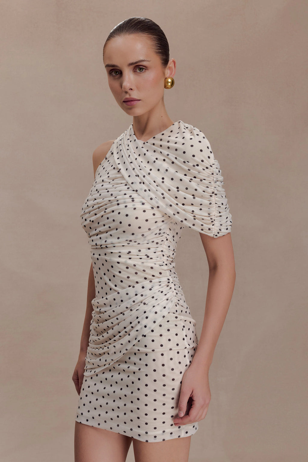 Adrienne One Shoulder Mesh Mini Dress - Polka Dot