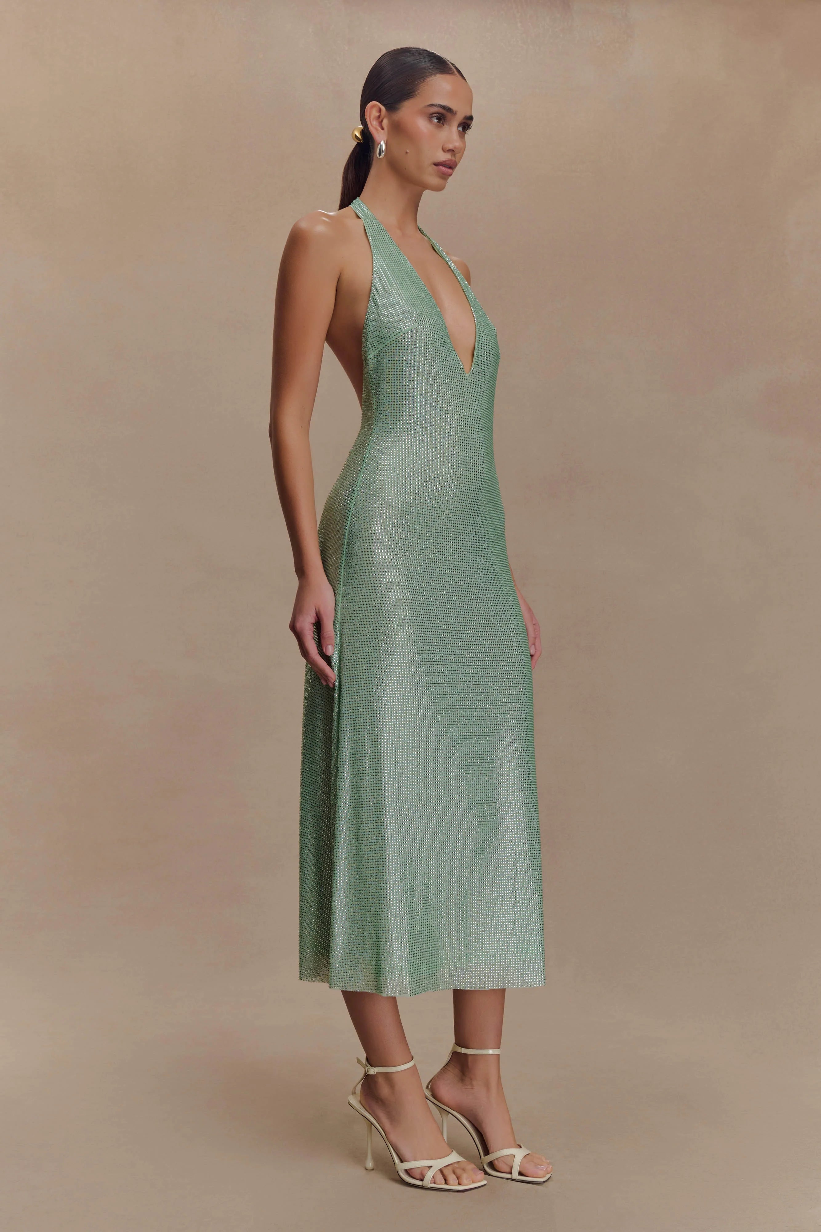 Genie Diamante Halter Midi Dress - Mint