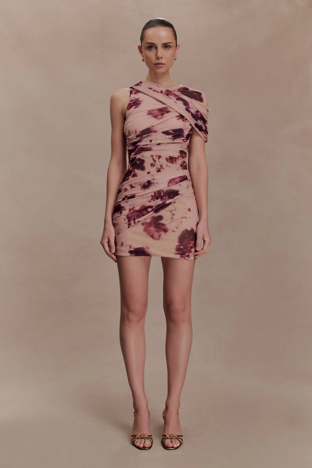 Adrienne One Shoulder Mesh Mini Dress - Nude Blurred Floral Print