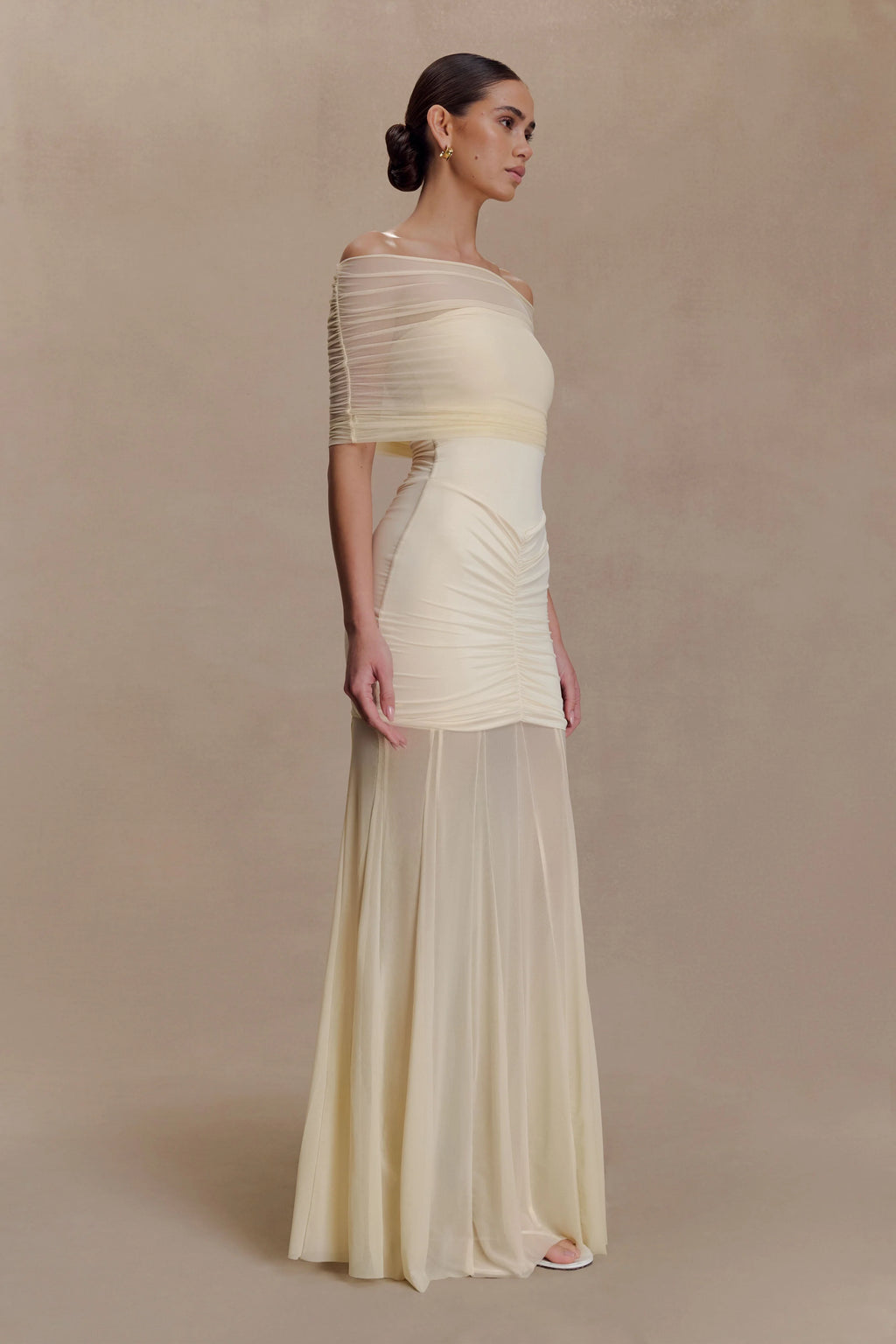 Caspian Slinky And Mesh Off Shoulder Maxi Dress - Ivory