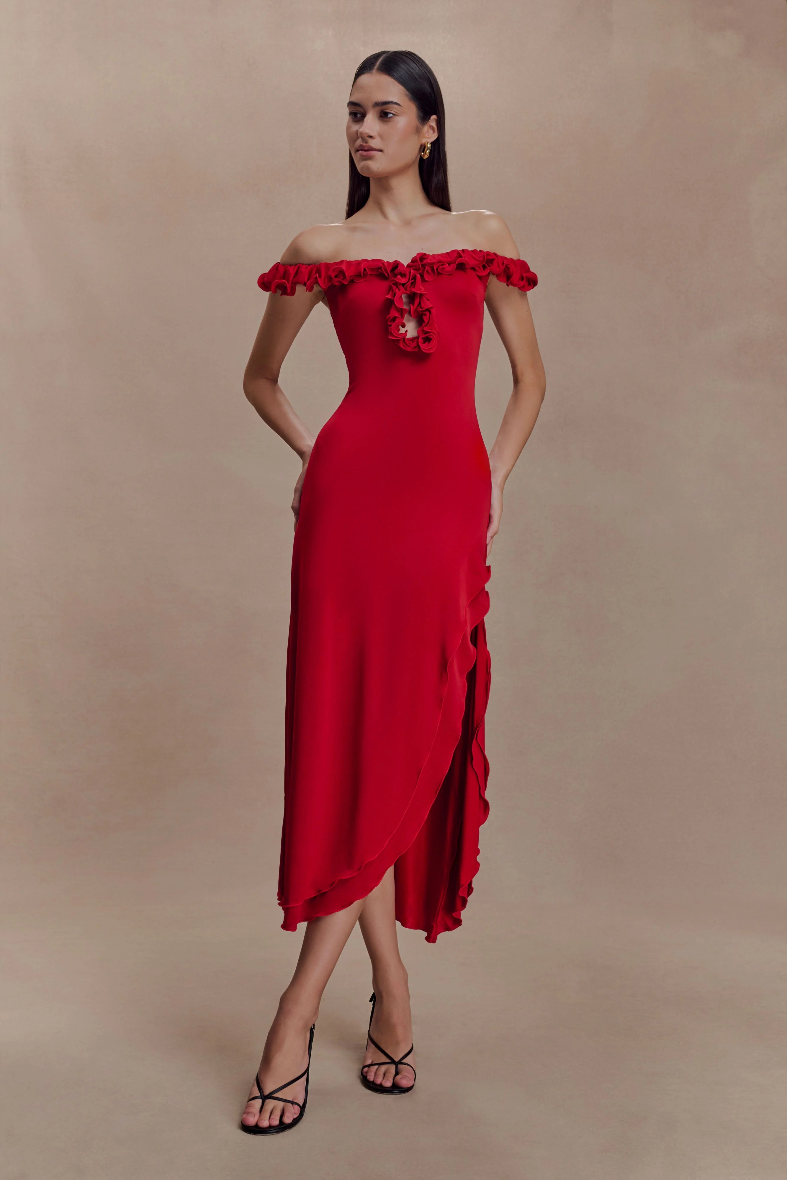 Allegra Off Shoulder Ruffle Midi Dress - Ruby