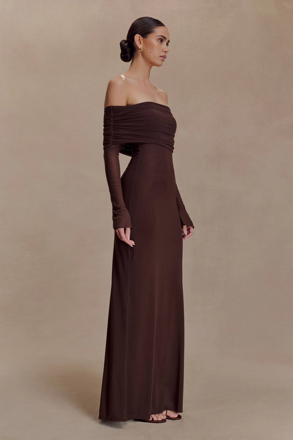 Josie Off Shoulder Mesh Maxi Dress - Dark Brown
