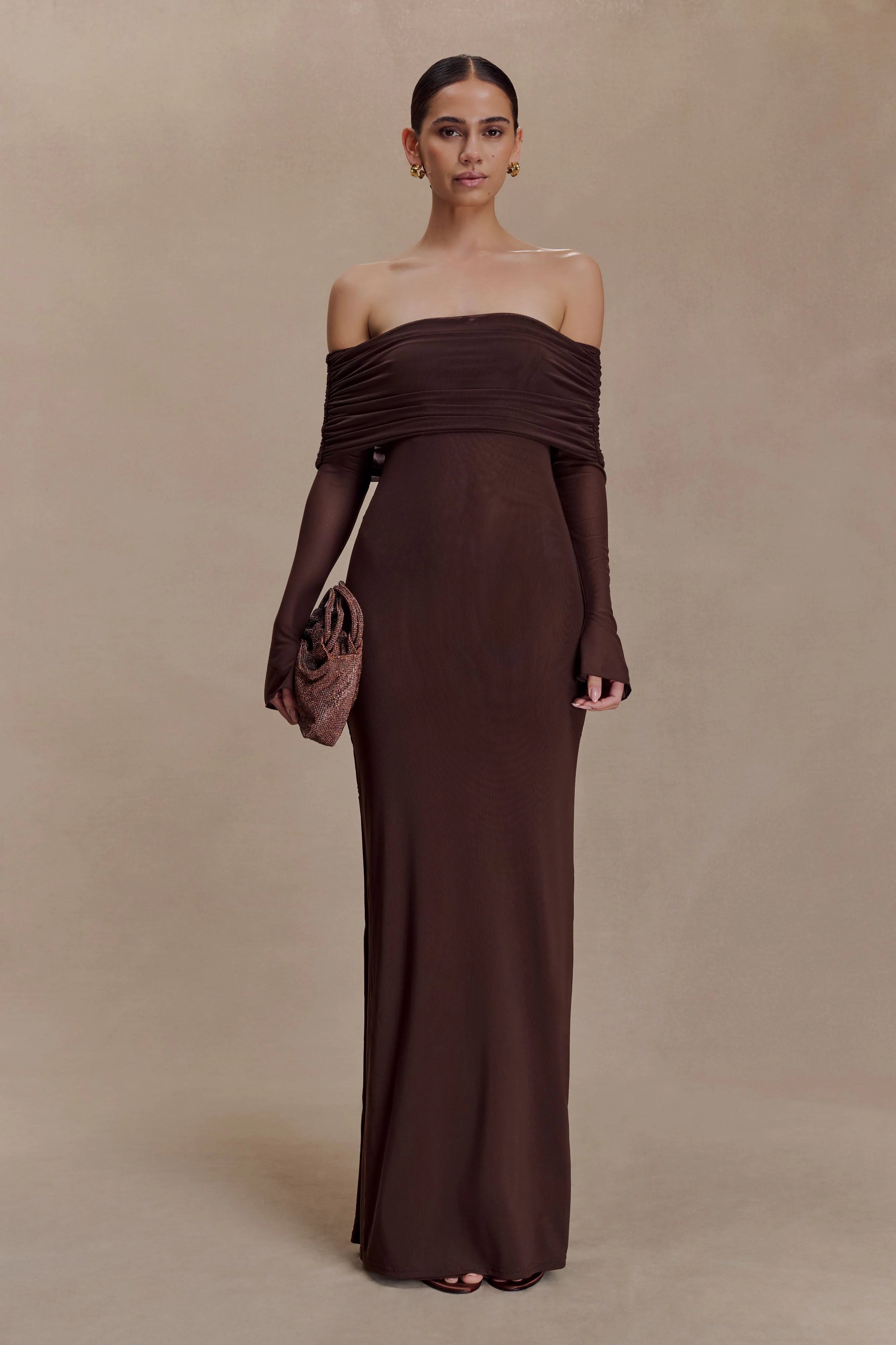Josie Off Shoulder Mesh Maxi Dress - Dark Brown