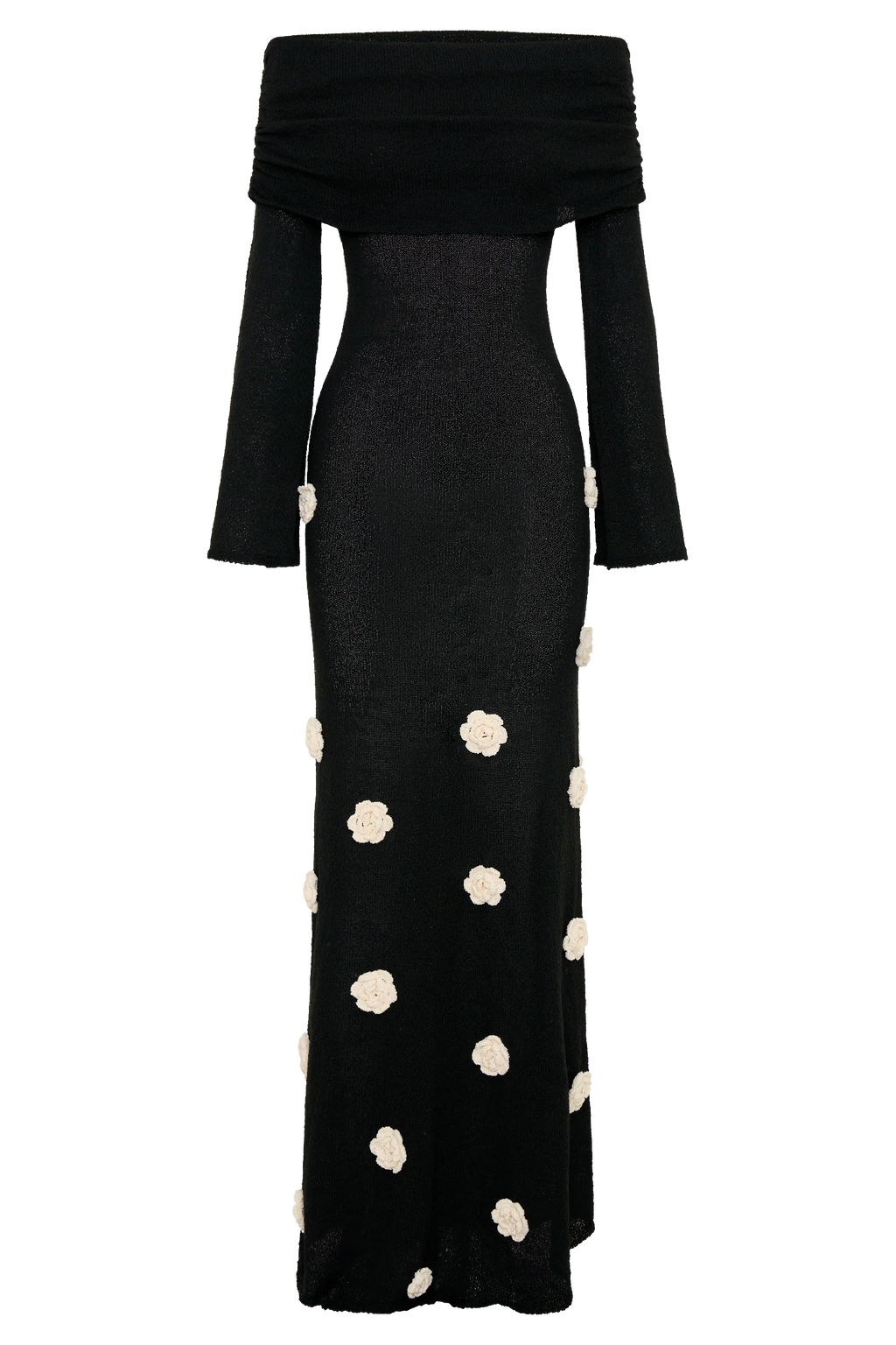 Kiki Off Shoulder Knit Rose Maxi Dress - Black/White