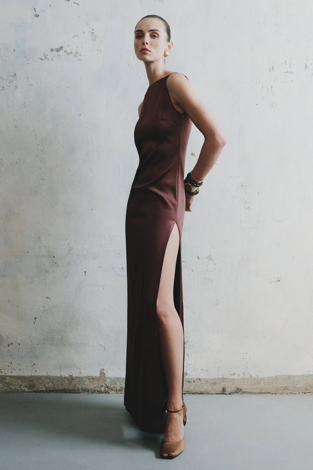 Violet Sleeveless Satin Maxi Dress - Dark Chocolate