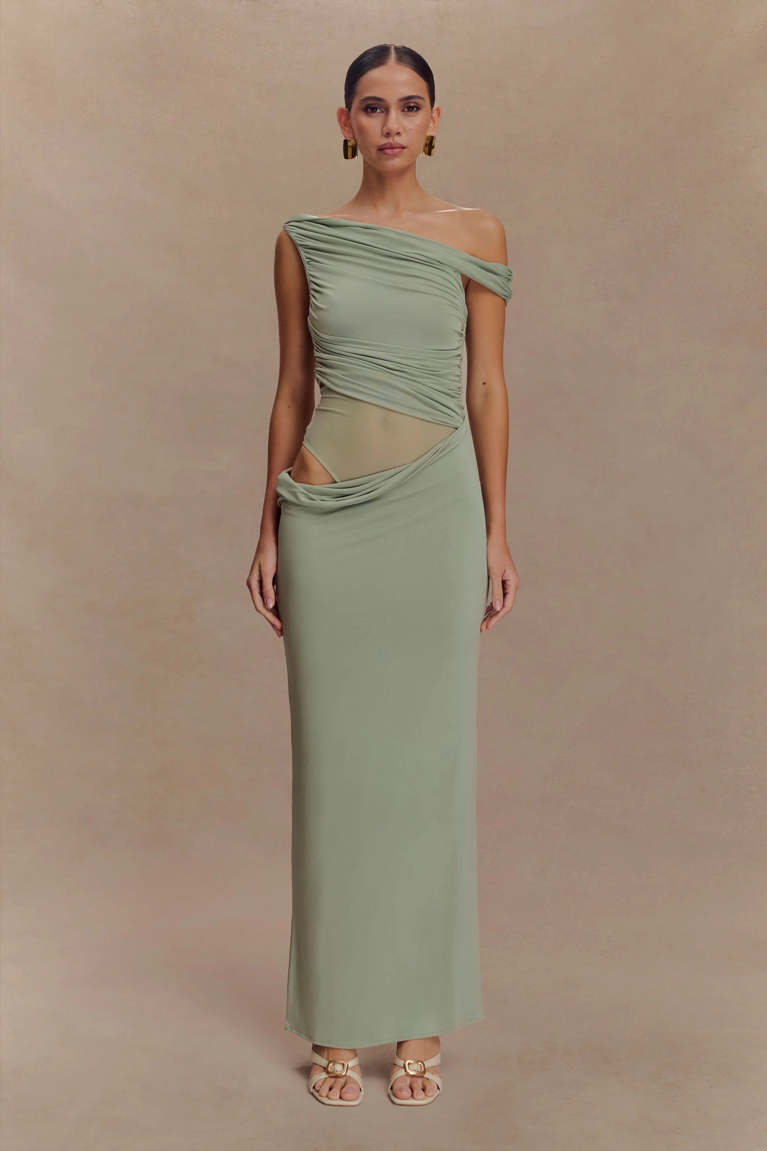 Callen One Shoulder Slinky Maxi Dress - Sage