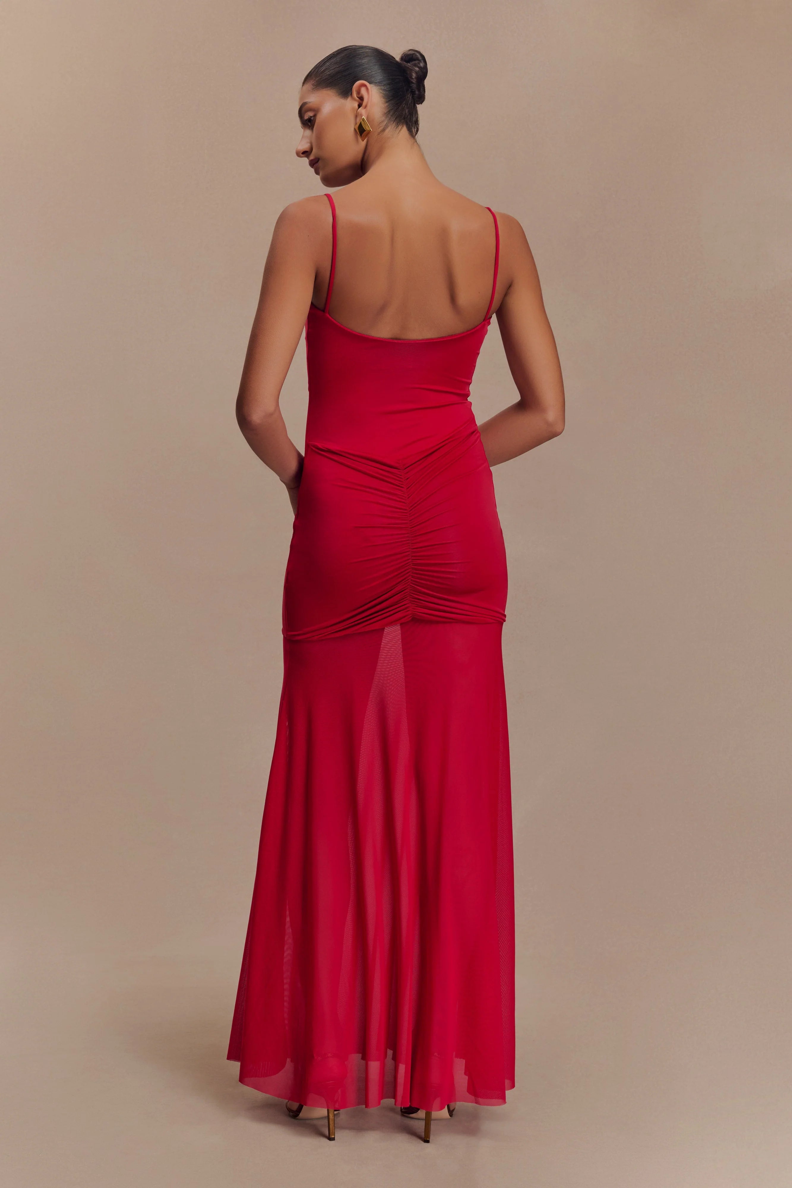 Delaney Slinky And Mesh Maxi Dress - Red