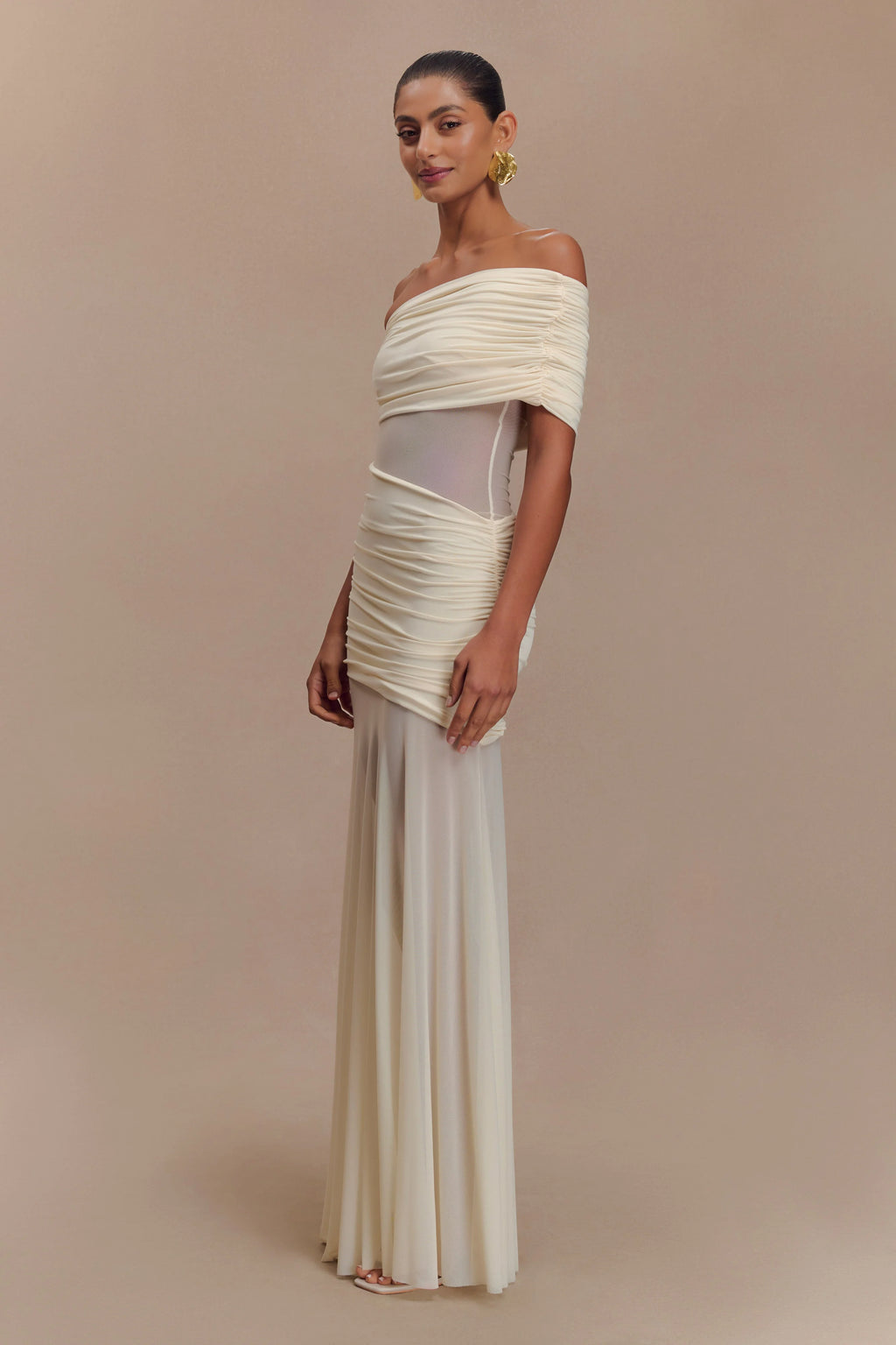 Dallas One Shoulder Mesh Maxi Dress - Ivory