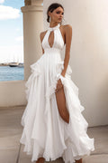 White A Line Long Rehearsal Dinner Dress with Slit Halter Ruffled Cut Out Sleeveless Engagement Dress