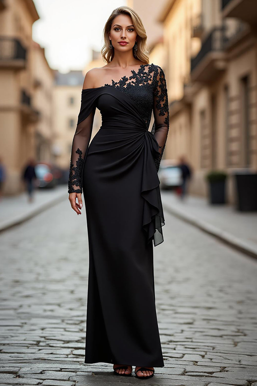 Black Sheath Long Sleeves Mother of the Bride Dress with Appliques One Shoulder Ruched Formal Dress