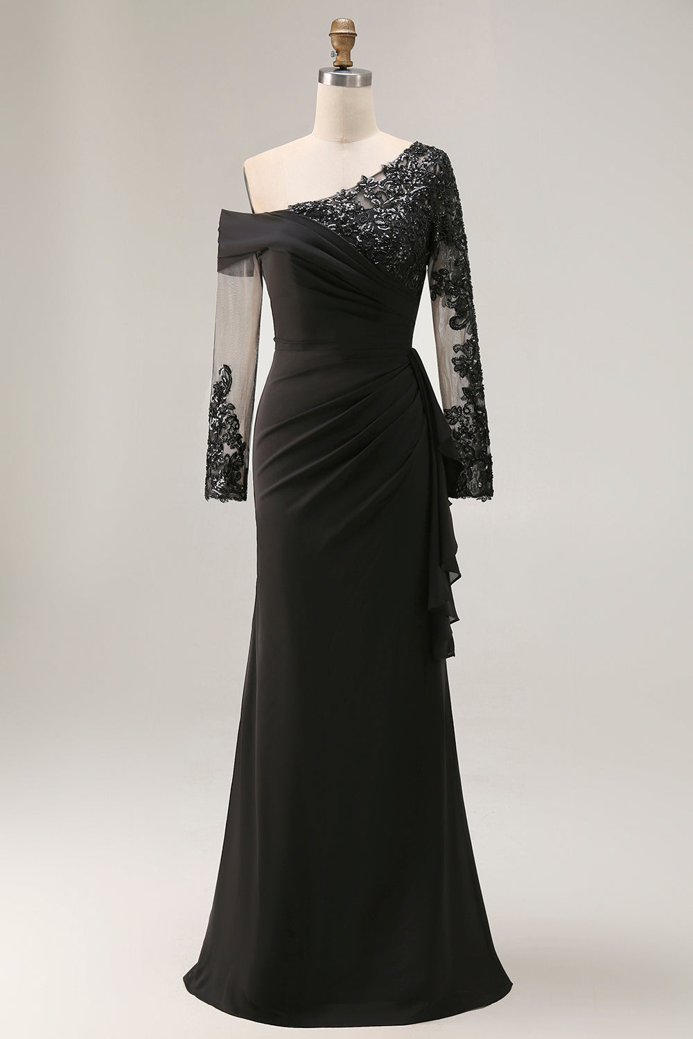 Black Ruched One Shoulder Long Sleeves Mother of the Bride Dress with Appliques