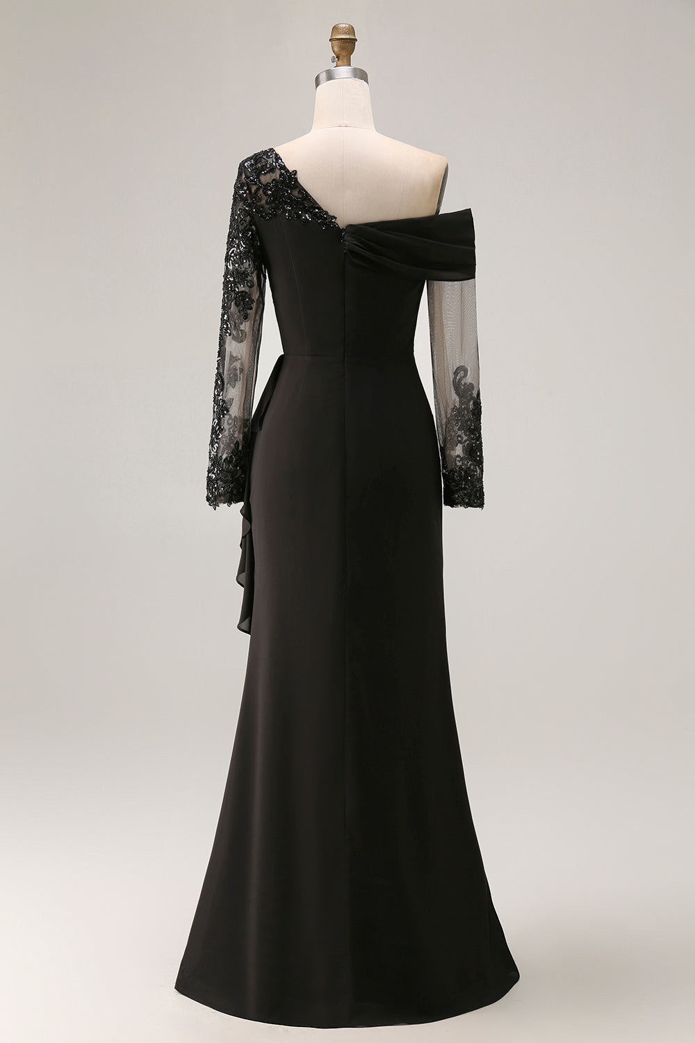 Black Ruched One Shoulder Long Sleeves Mother of the Bride Dress with Appliques
