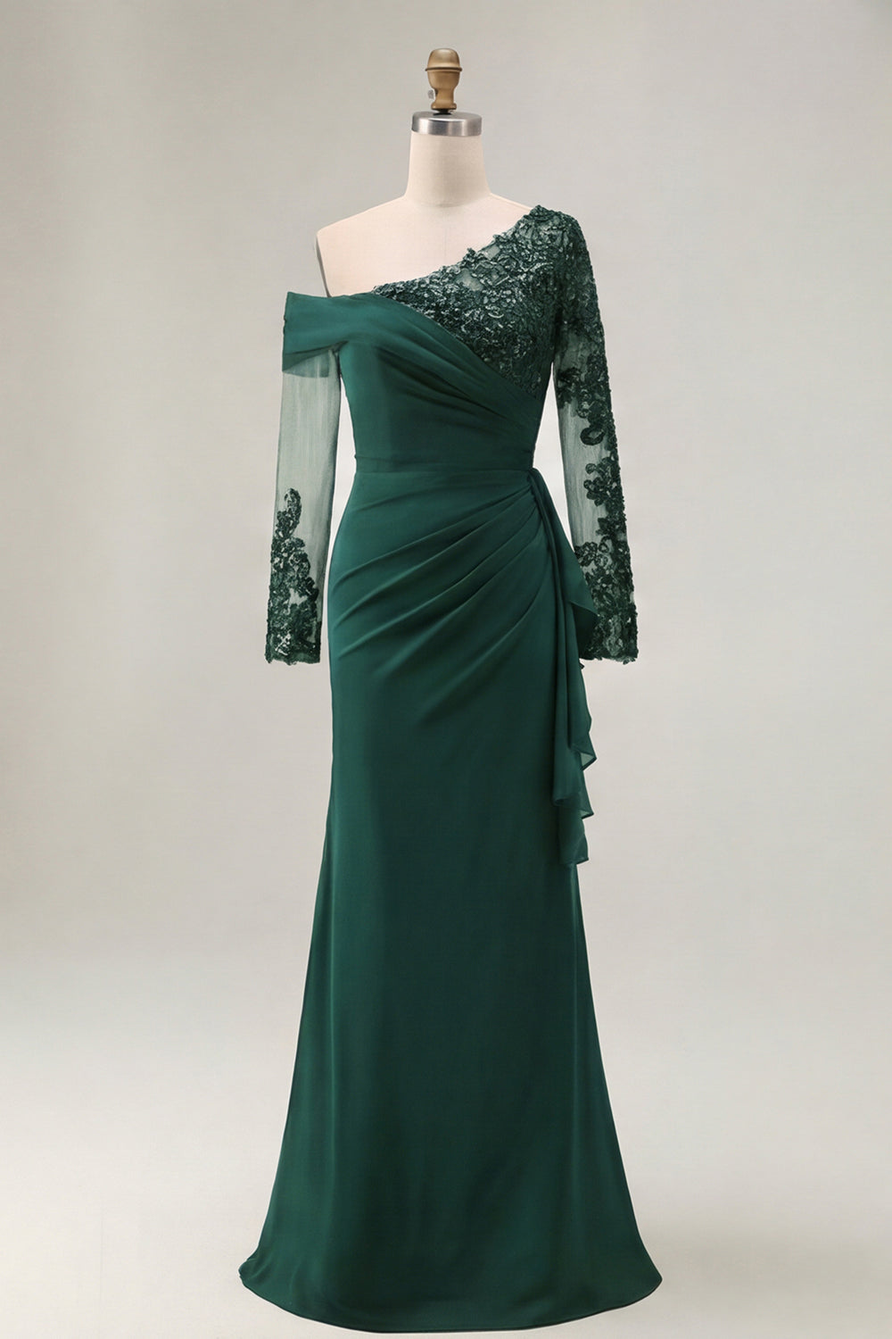 Black Ruched One Shoulder Long Sleeves Mother of the Bride Dress with Appliques