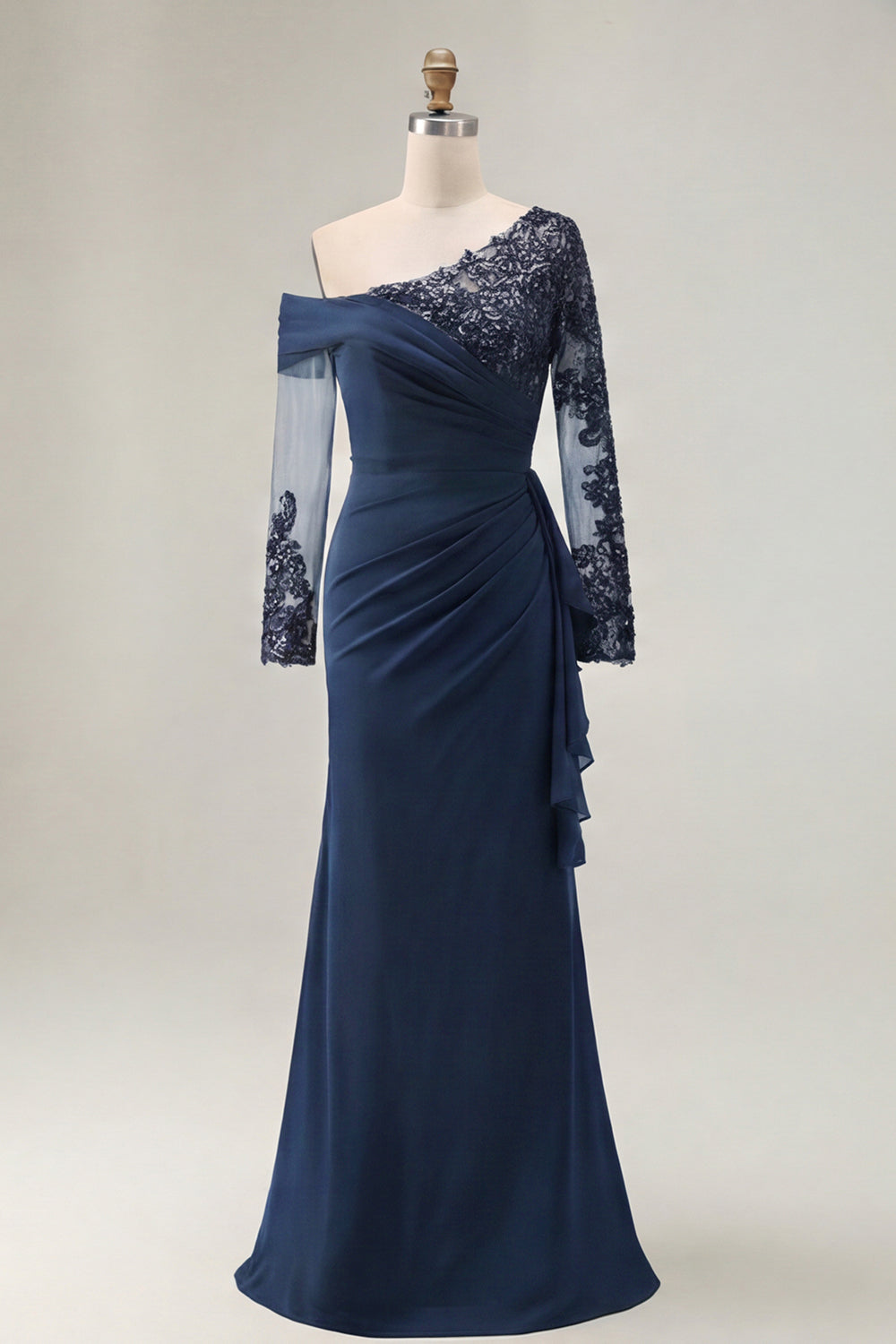 Black Ruched One Shoulder Long Sleeves Mother of the Bride Dress with Appliques
