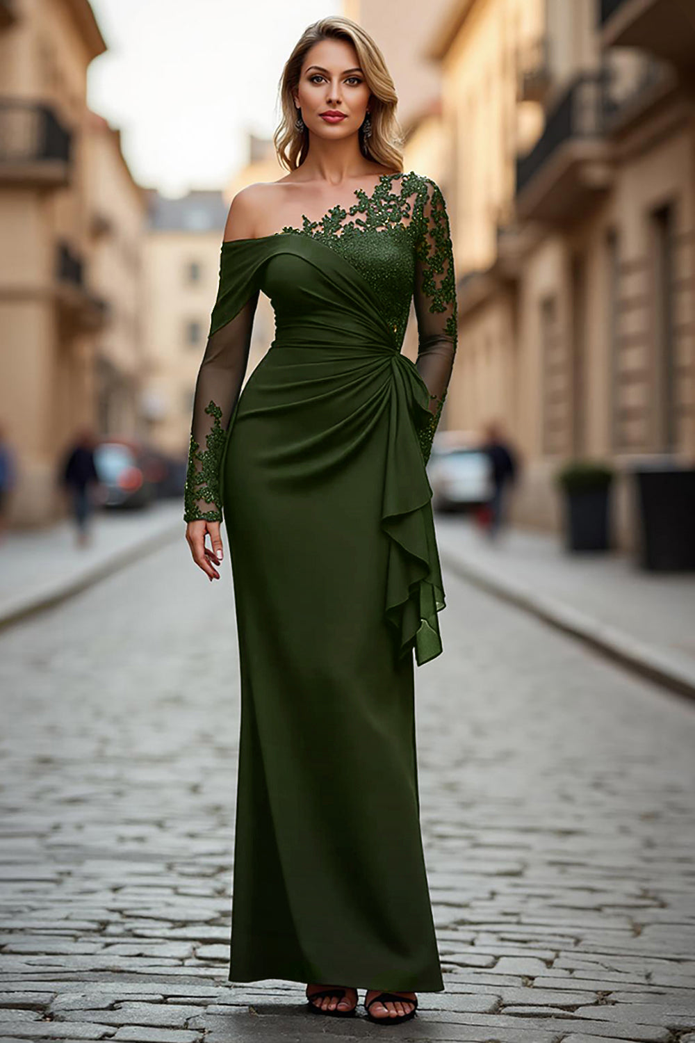 Black Ruched One Shoulder Long Sleeves Mother of the Bride Dress with Appliques