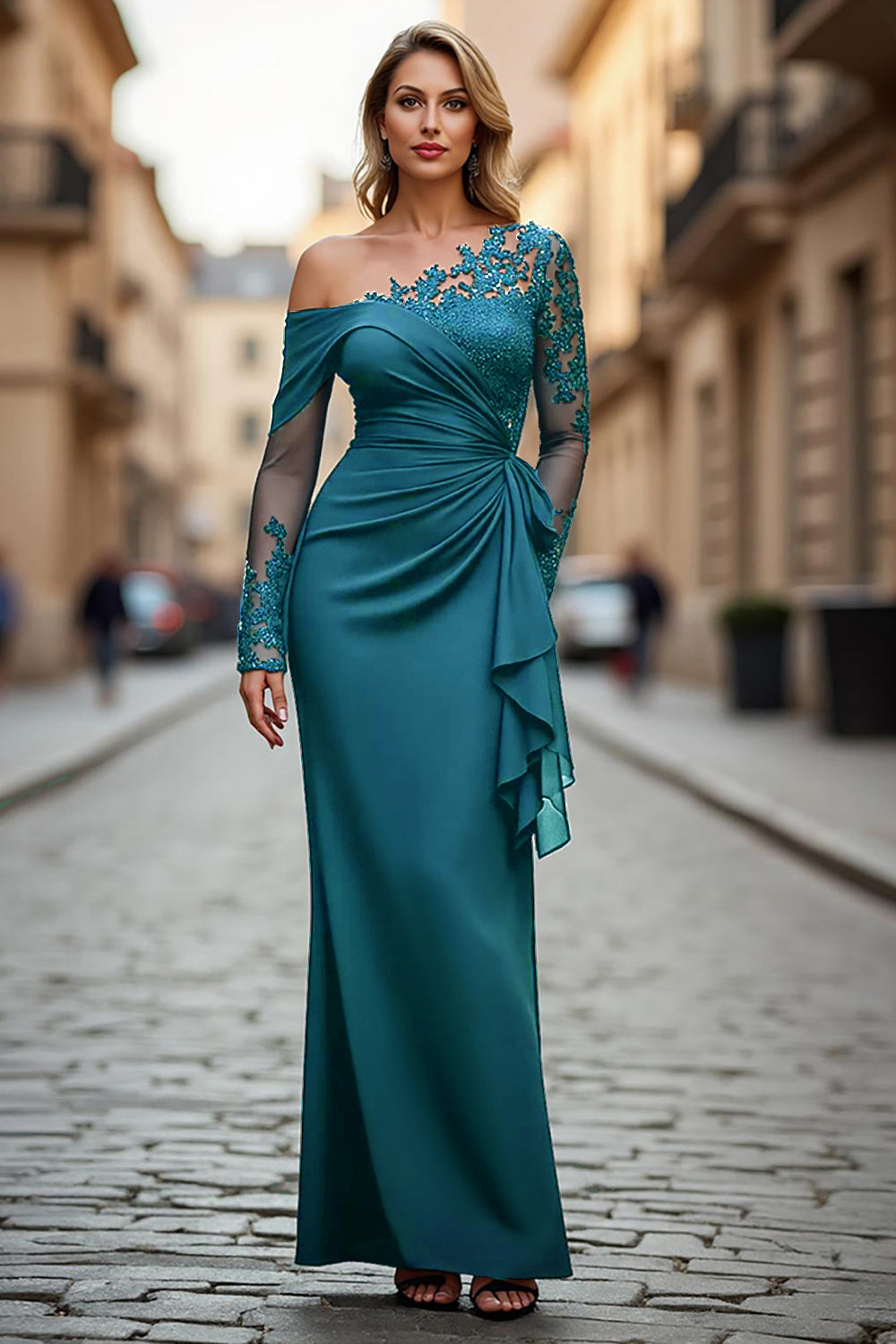 Black Ruched One Shoulder Long Sleeves Mother of the Bride Dress with Appliques