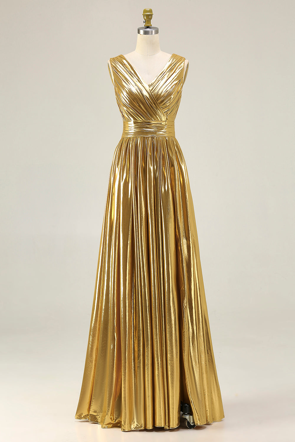 Sparkly Gold A-Line Metallic Ruched Pleated Long Formal Dress with Slit