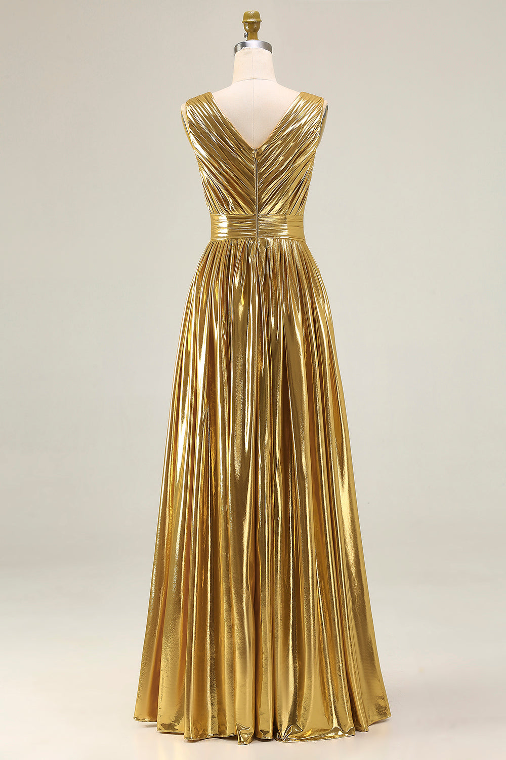 Sparkly Gold A-Line Metallic Ruched Pleated Long Formal Dress with Slit
