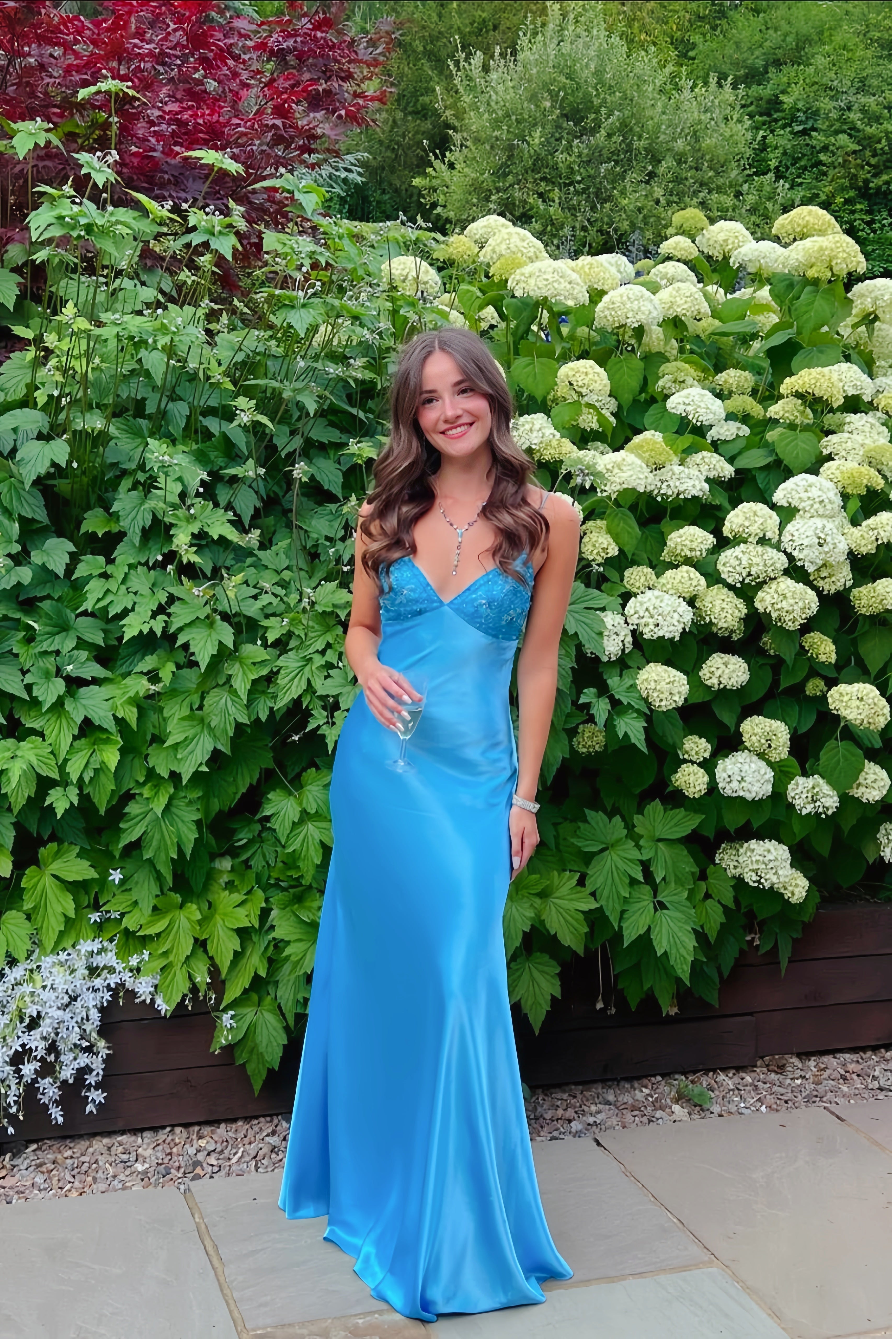 Beaded Blue Soft Satin Sheath Long Dress