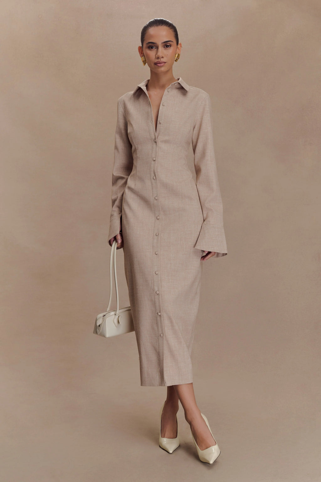 Dorian Fitted Shirt Midi Dress - Wheat Marle