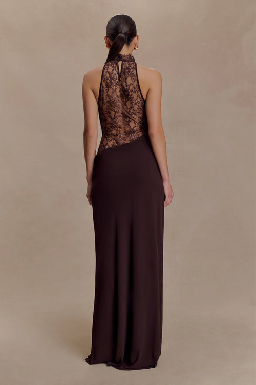 Arra Chiffon And Lace Halter Maxi Dress - Cacao Brown