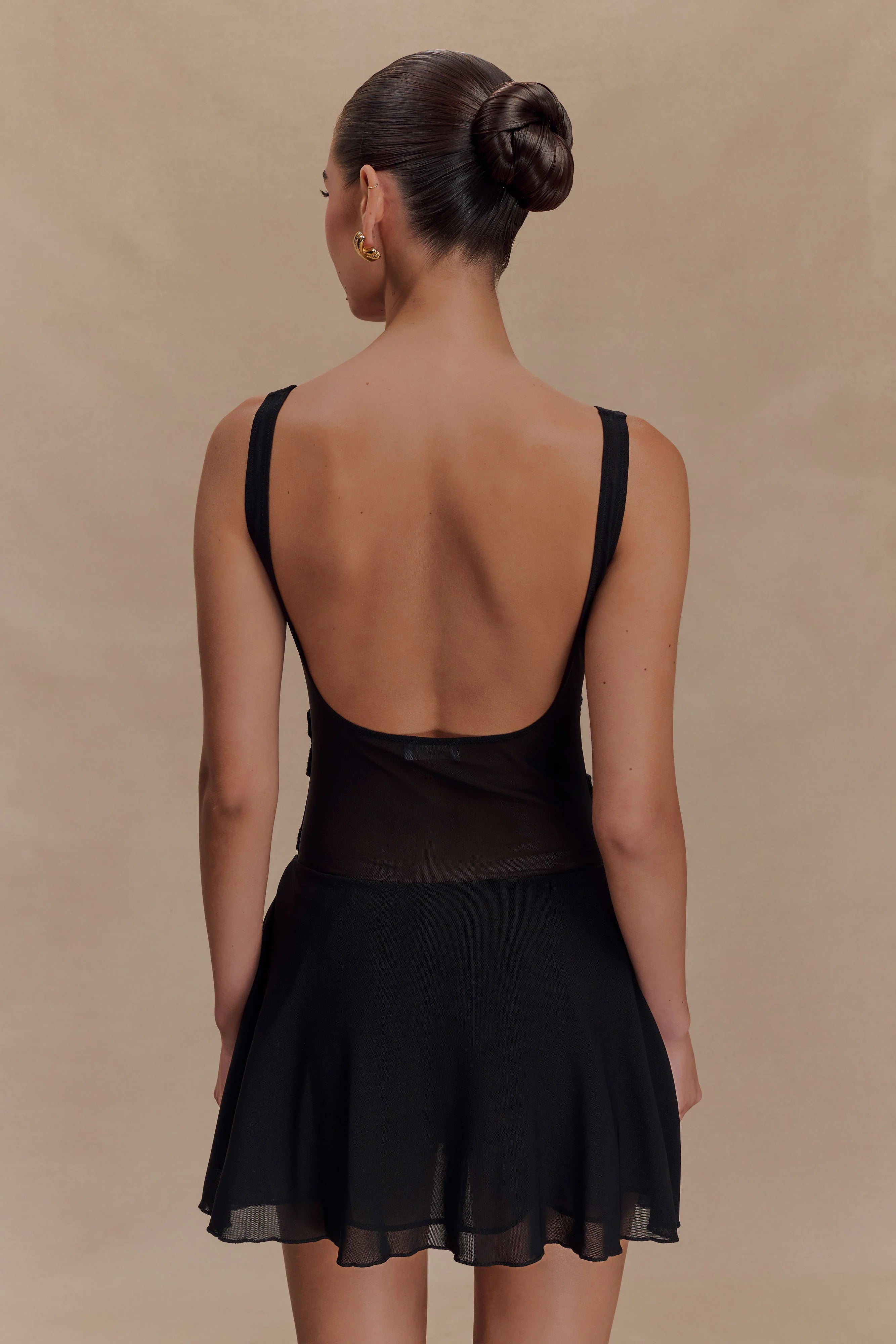 Melanie Mesh Mini Dress With Flowers - Black