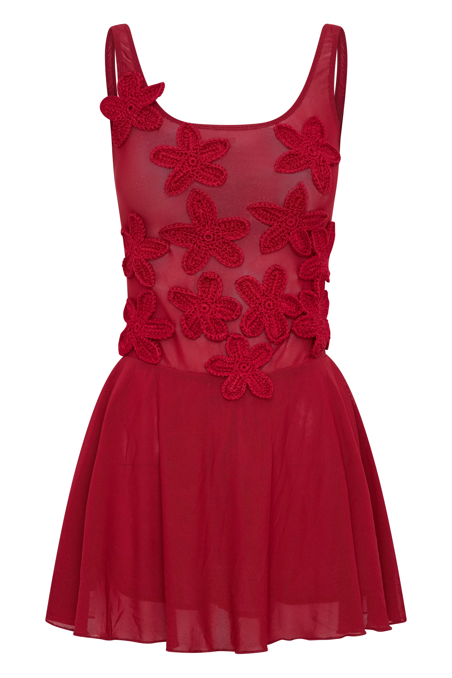 Melanie Mesh Mini Dress With Flowers - Ruby