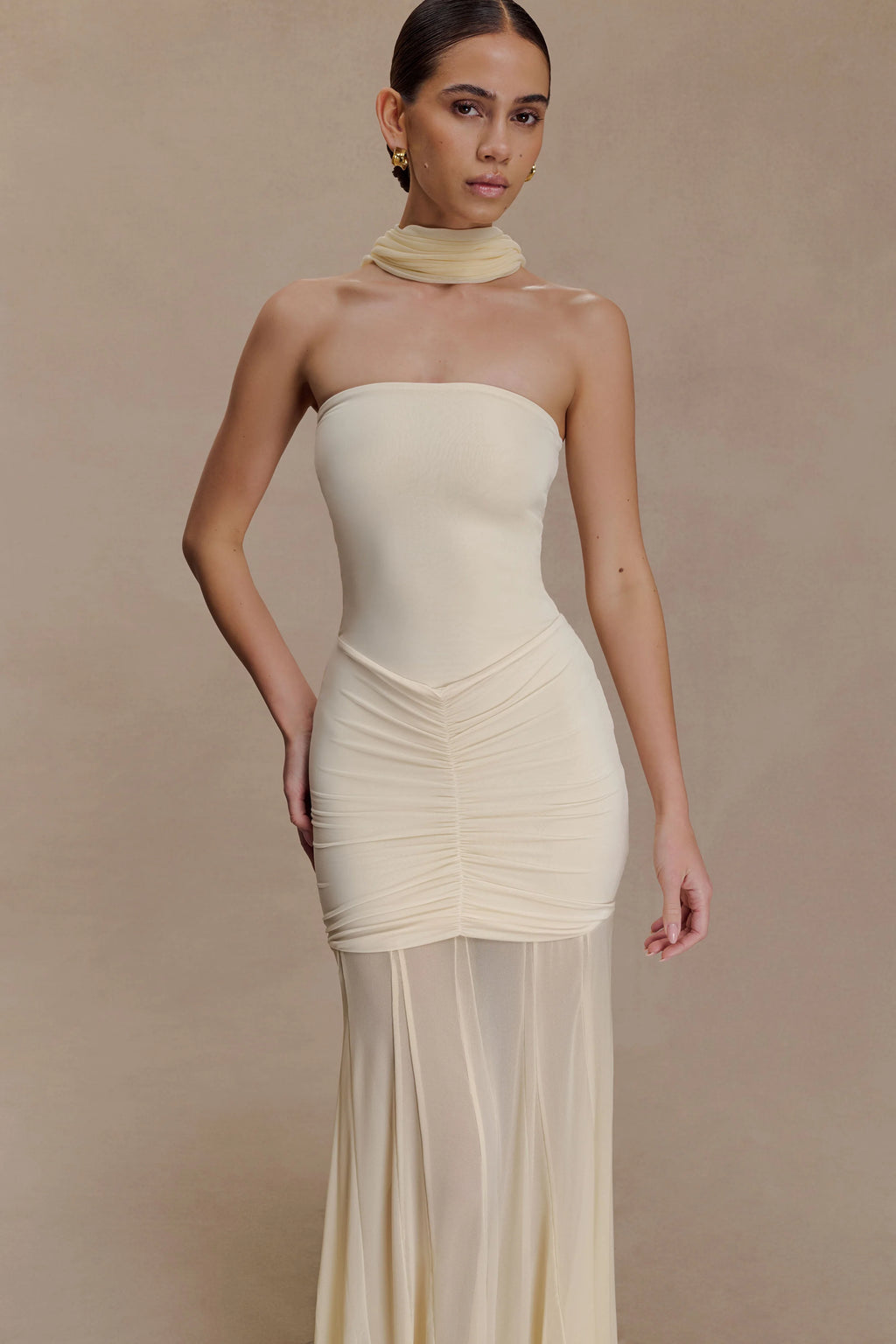 Caspian Slinky And Mesh Off Shoulder Maxi Dress - Ivory