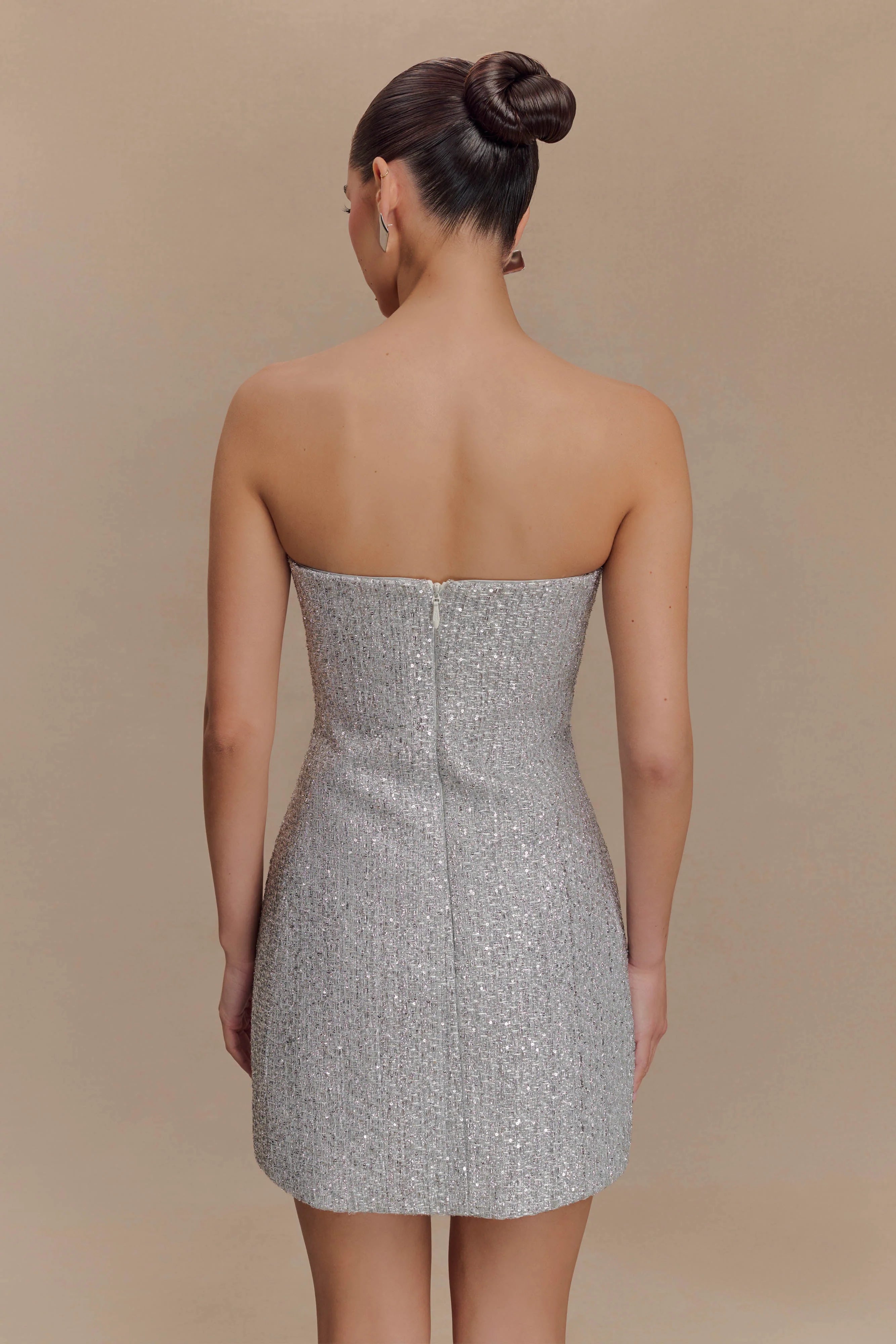 Gala Strapless Tweed Mini Dress - Silver