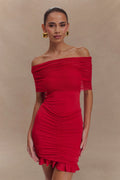 Caspian Slinky And Mesh Off Shoulder Mini Dress - Ruby