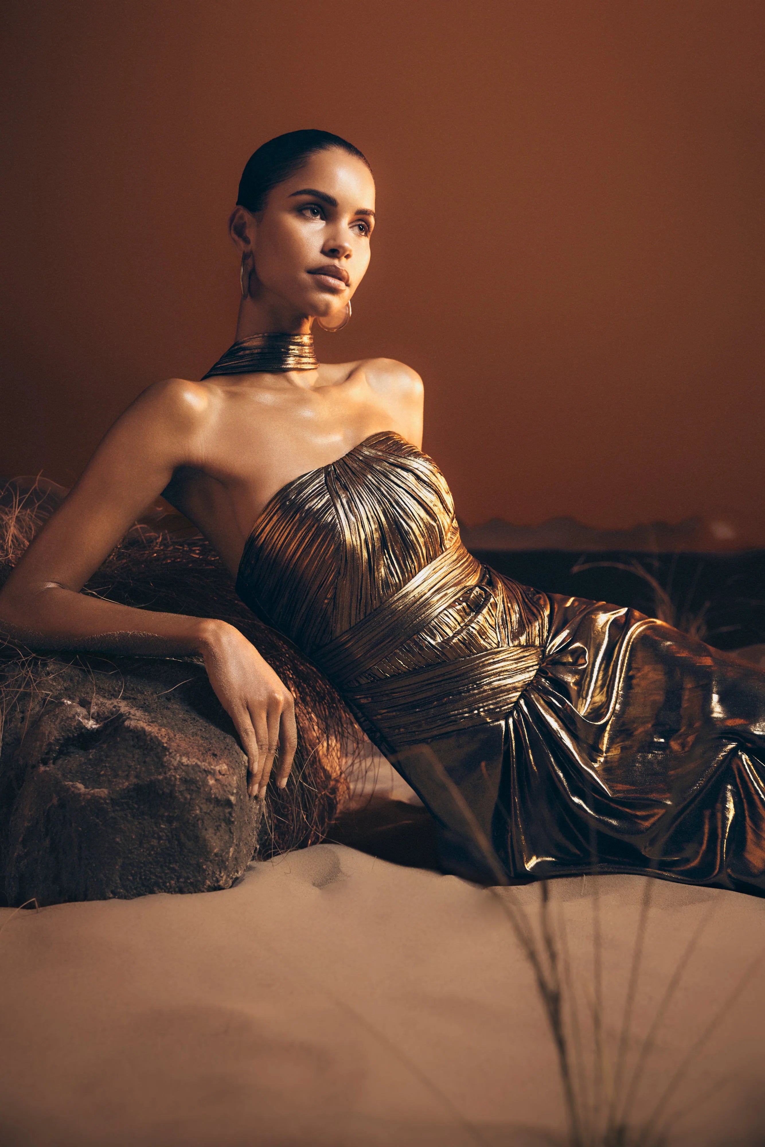 Clemence Plisse Maxi Dress - Gold