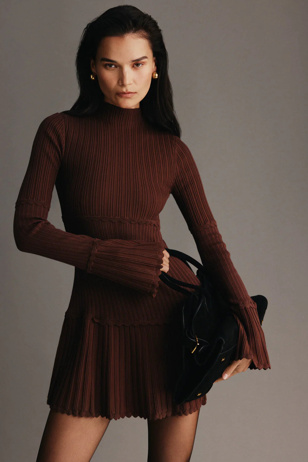 Adena Pointelle Knit Mini Dress - Chocolate