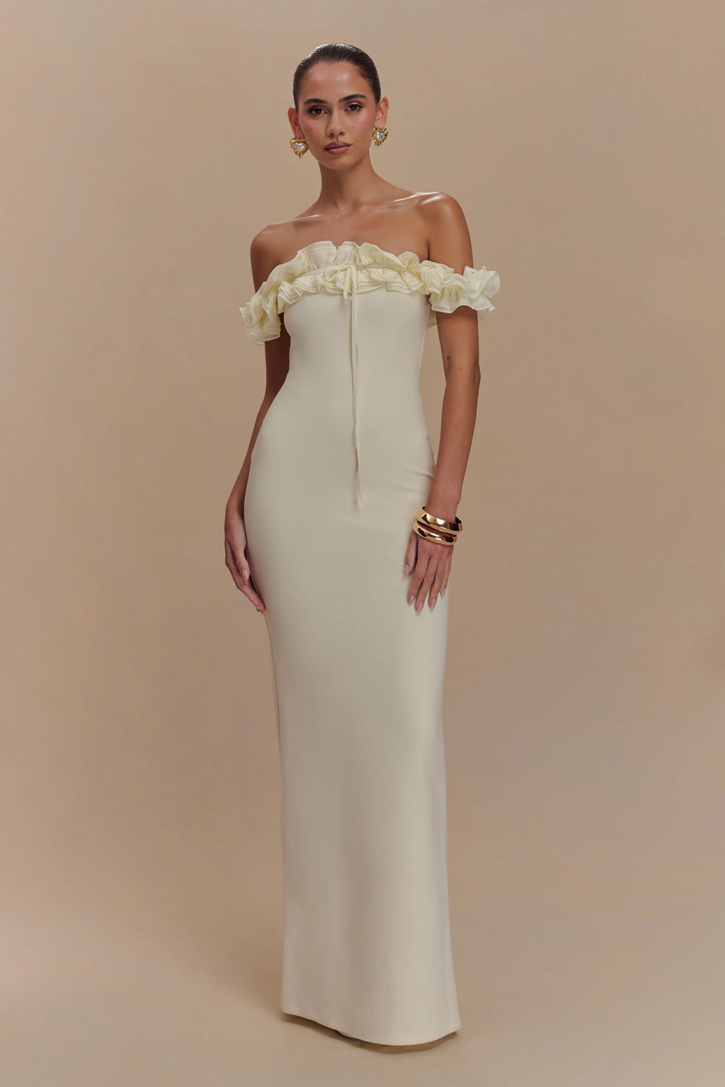Nova Ruffle Off Shoulder Maxi Dress - Ivory