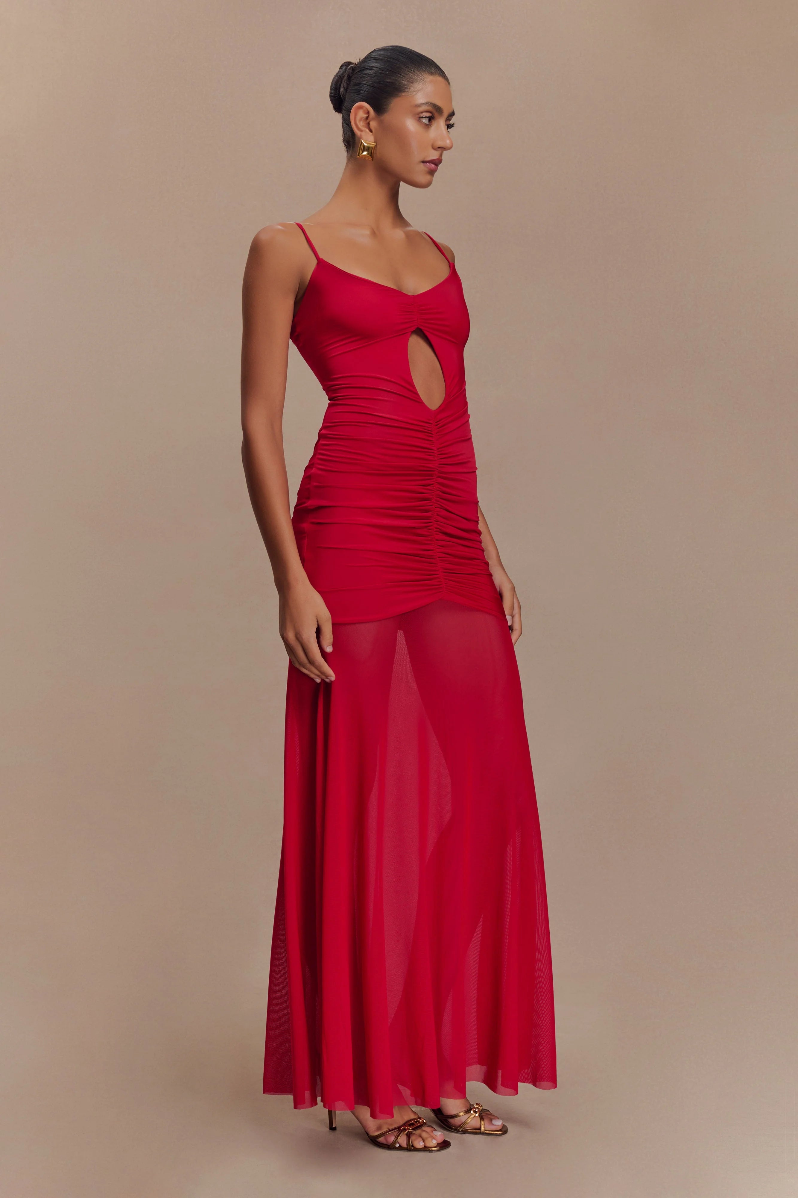 Delaney Slinky And Mesh Maxi Dress - Red