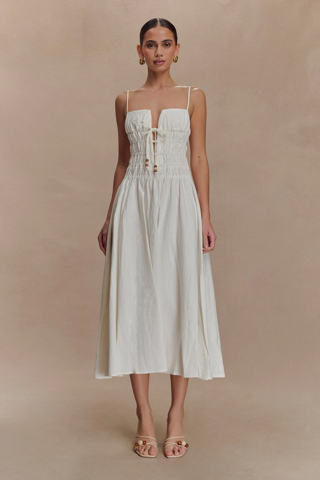 Elias Shirred Cotton Midi Dress - White