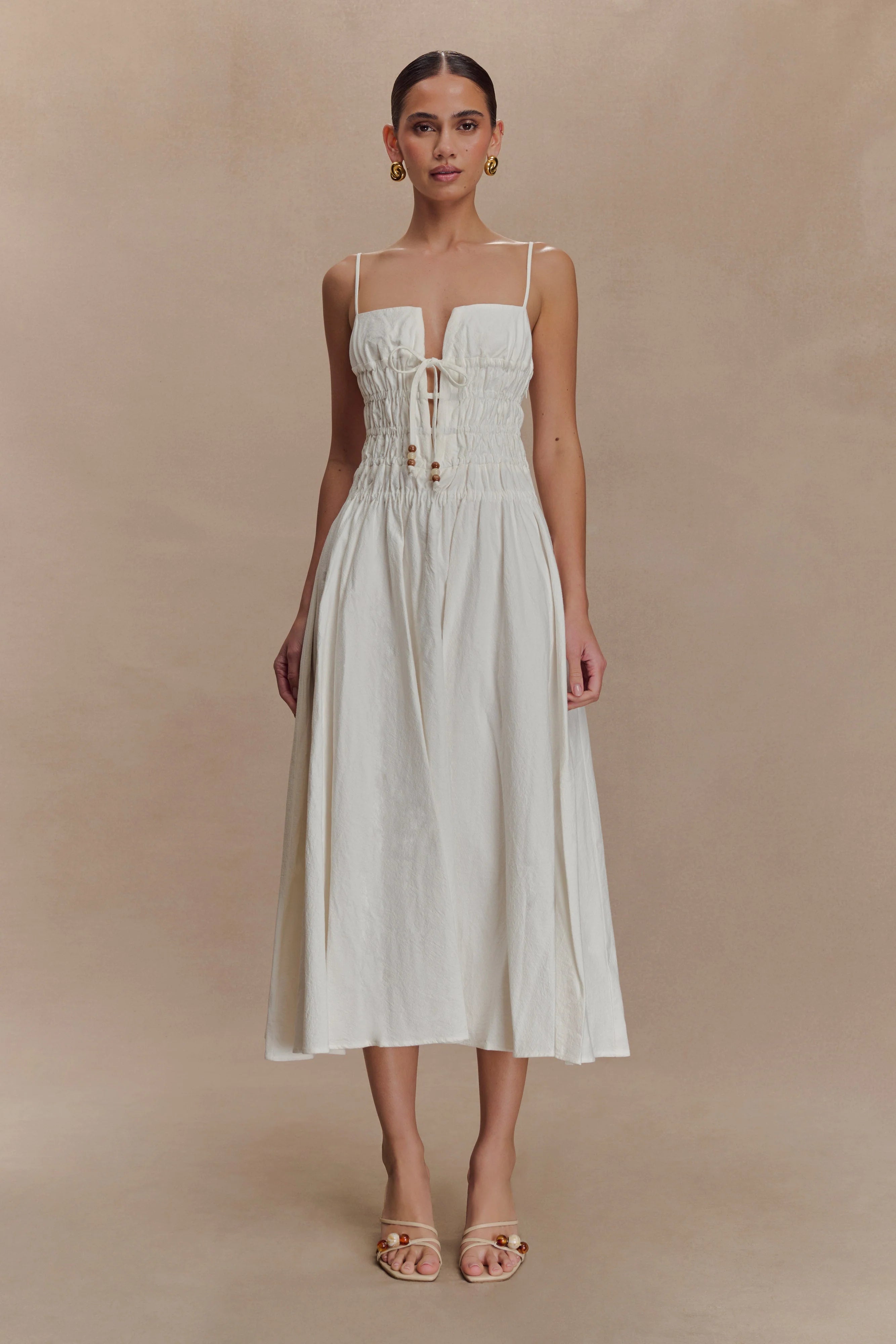 Elias Shirred Cotton Midi Dress - White