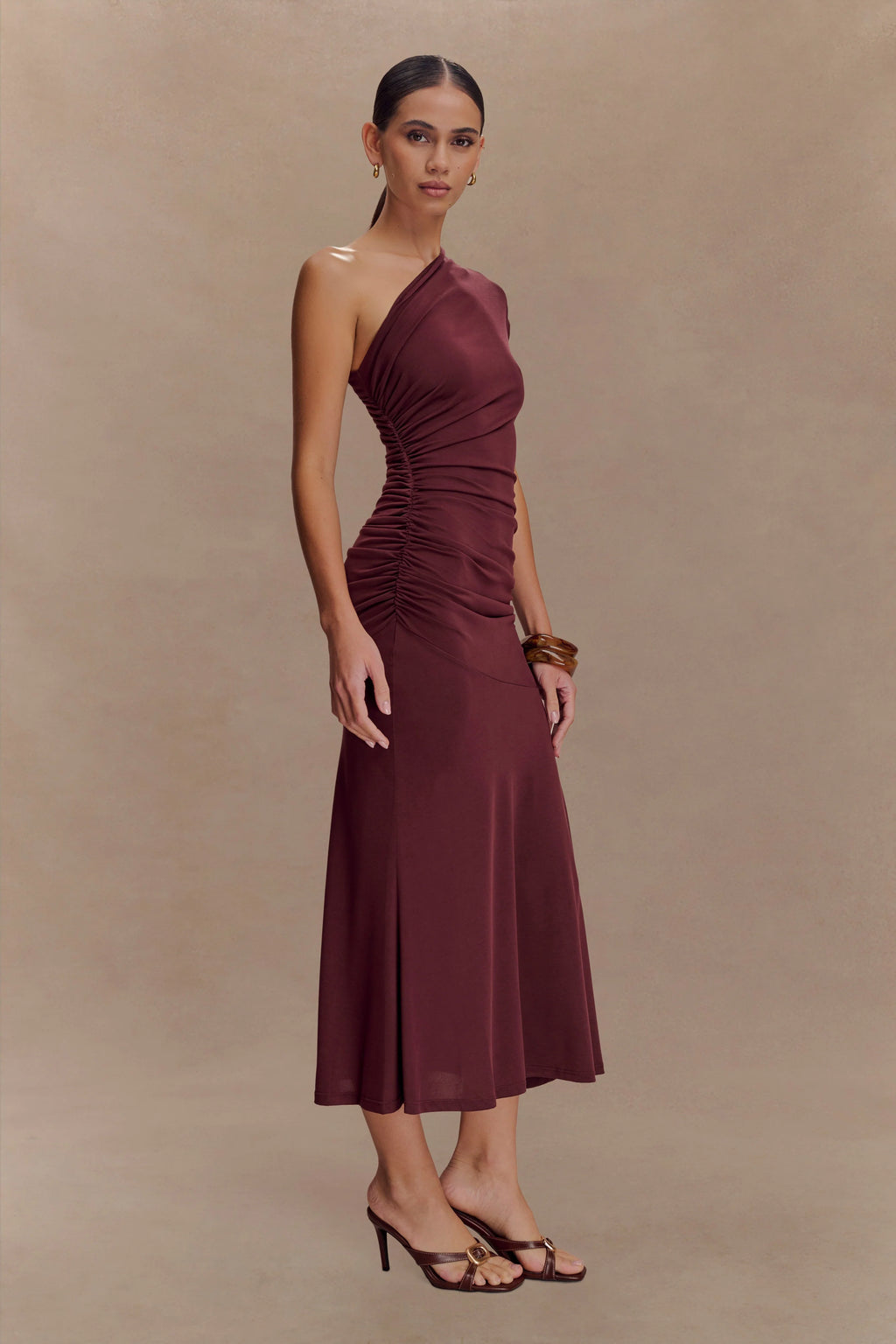 Chloe Peached Jersey One Shoulder Midi Dress - Mahogany