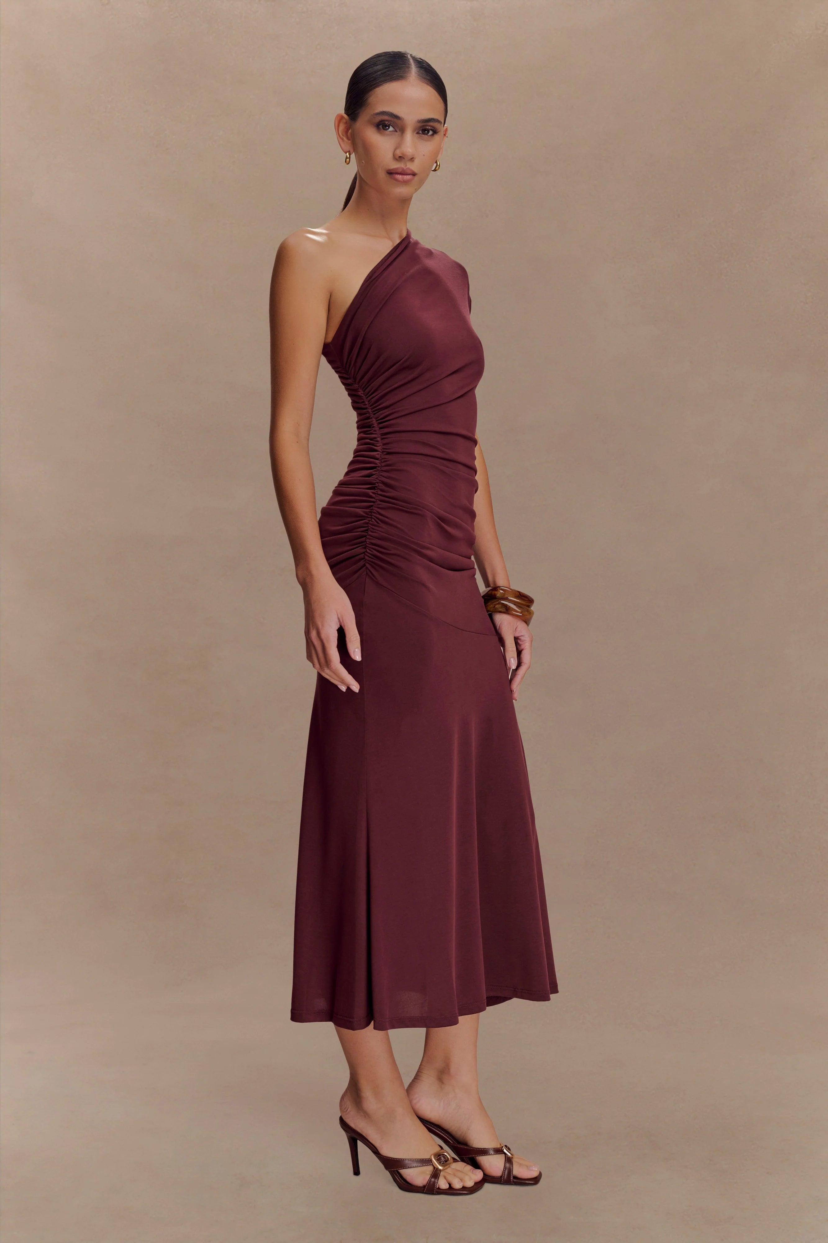 Chloe Peached Jersey One Shoulder Midi Dress - Mahogany