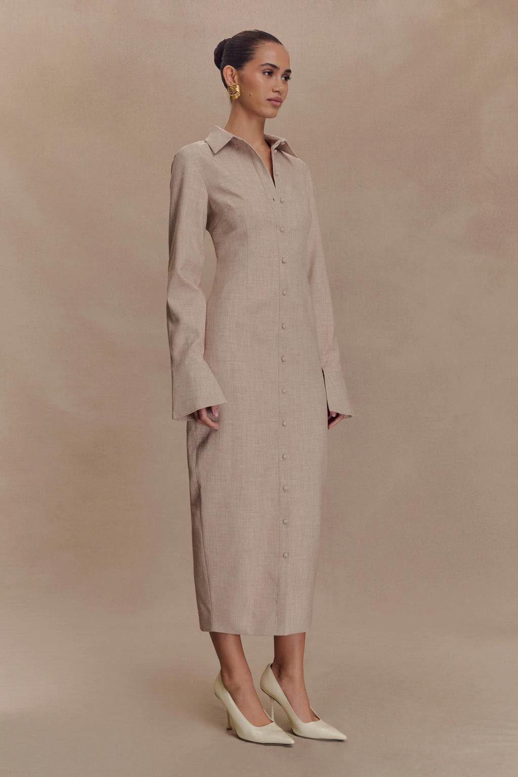 Dorian Fitted Shirt Midi Dress - Wheat Marle