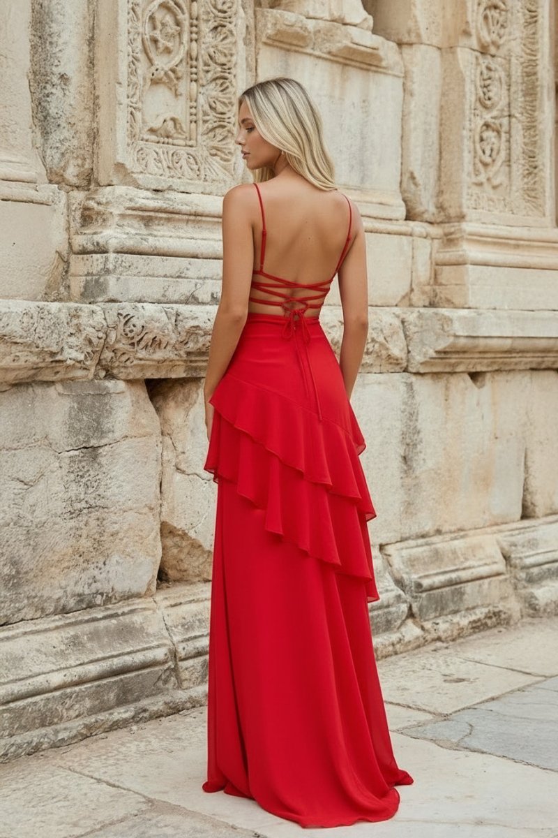 Red - Sheath Spaghetti Straps Chiffon Long Prom Dresses with Ruffles - KissProm
