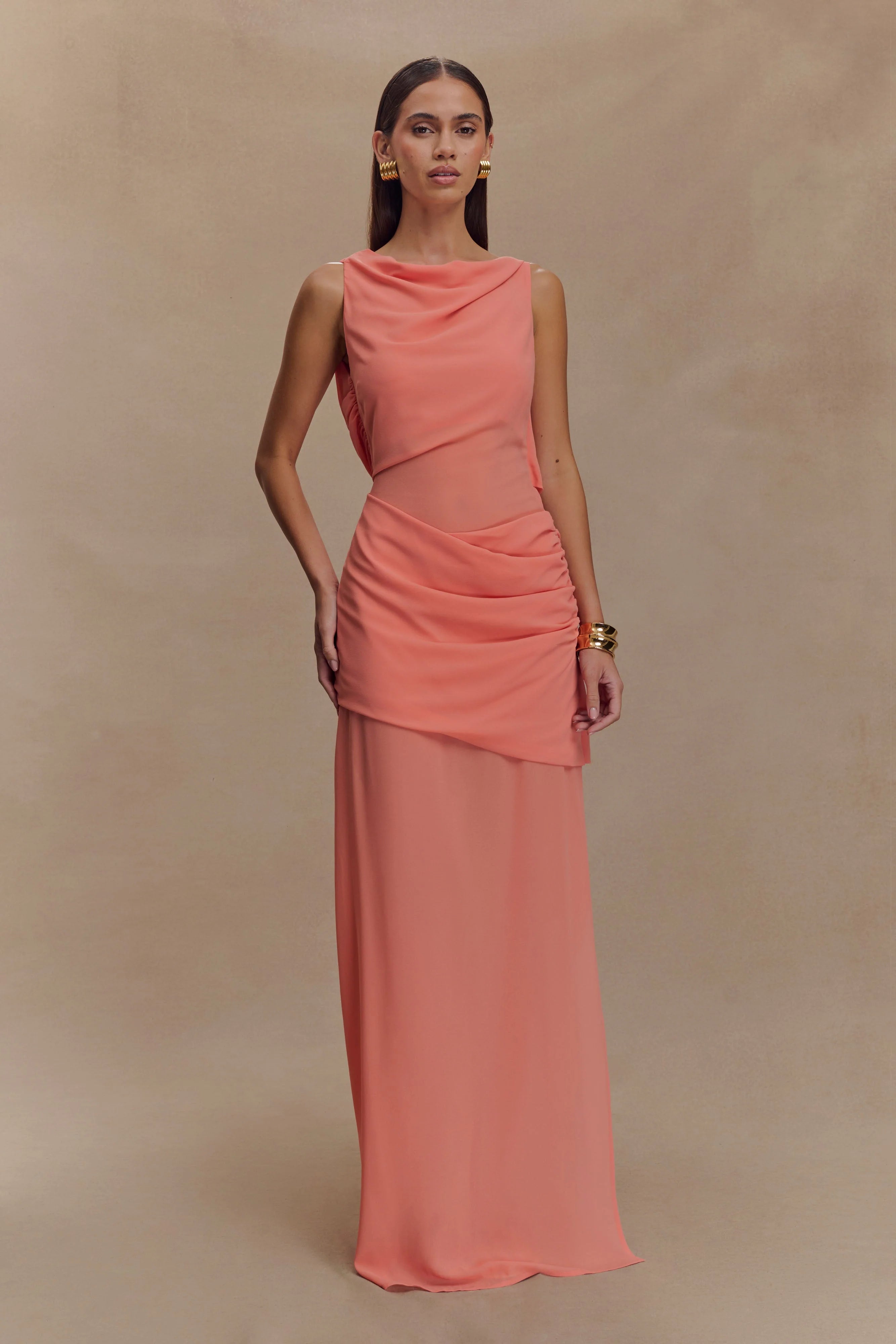 Daria Draped Chiffon Maxi Dress - Pastel Nectarine